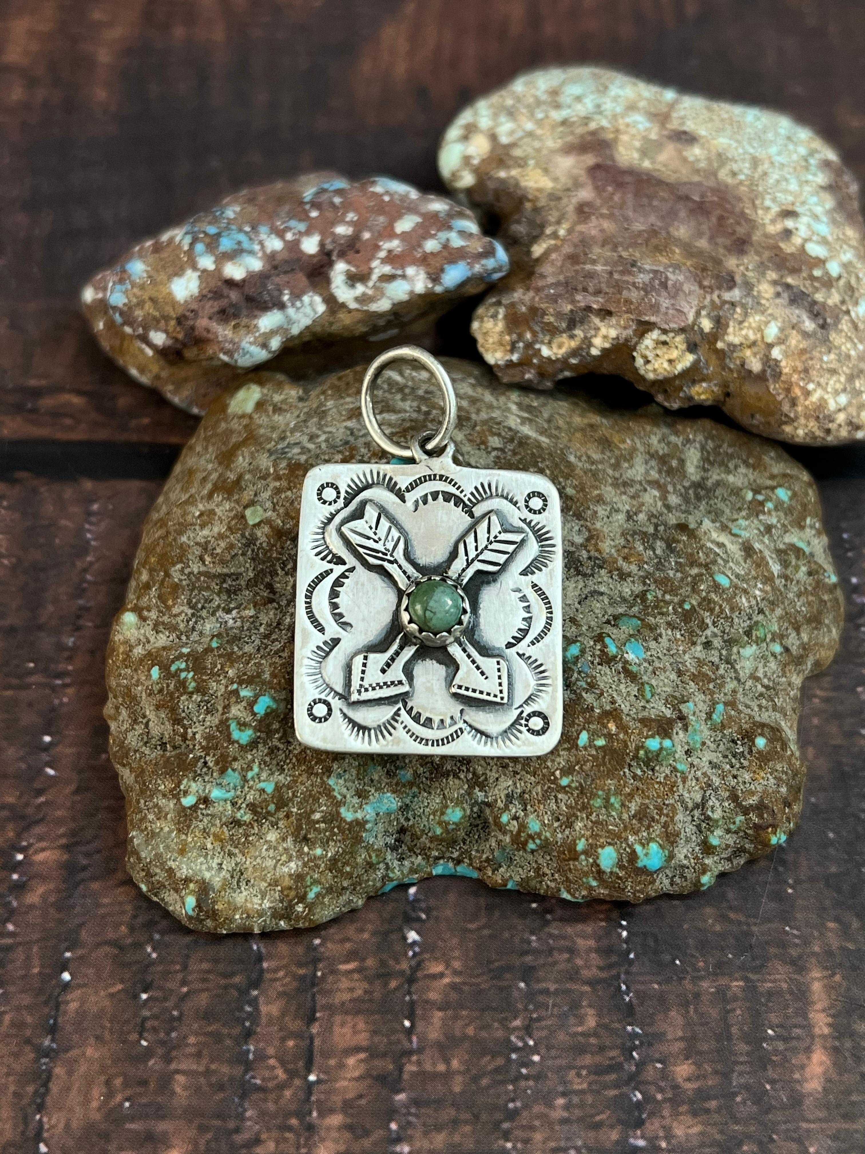 Handmade Sterling Silver Kingman Turquoise Pendant with Signed Nizhoni