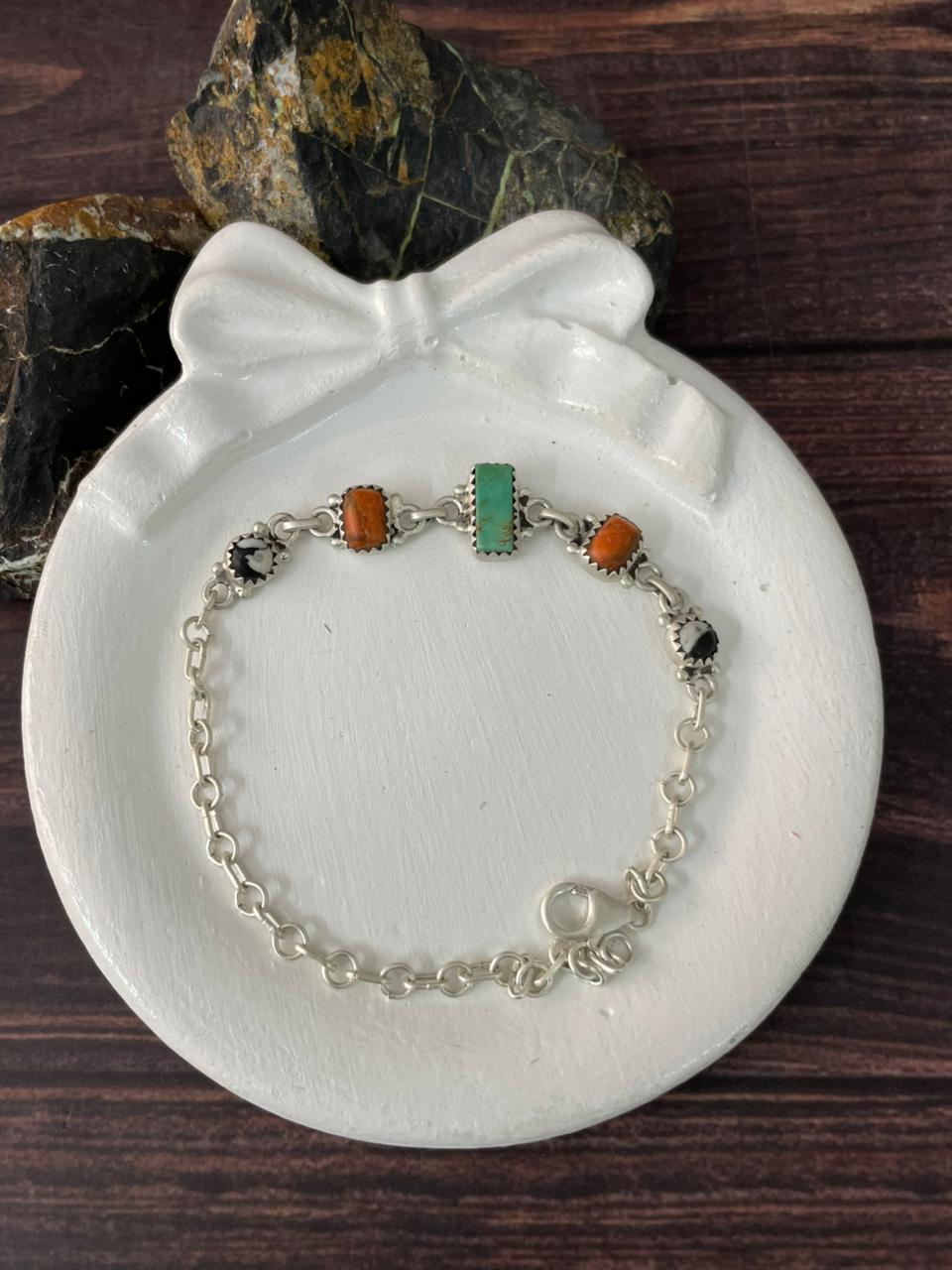 Handmade Sterling Silver Orange Mojave with Kingman and White Buffalo Chain Bracelet "Signed Nizhoni"