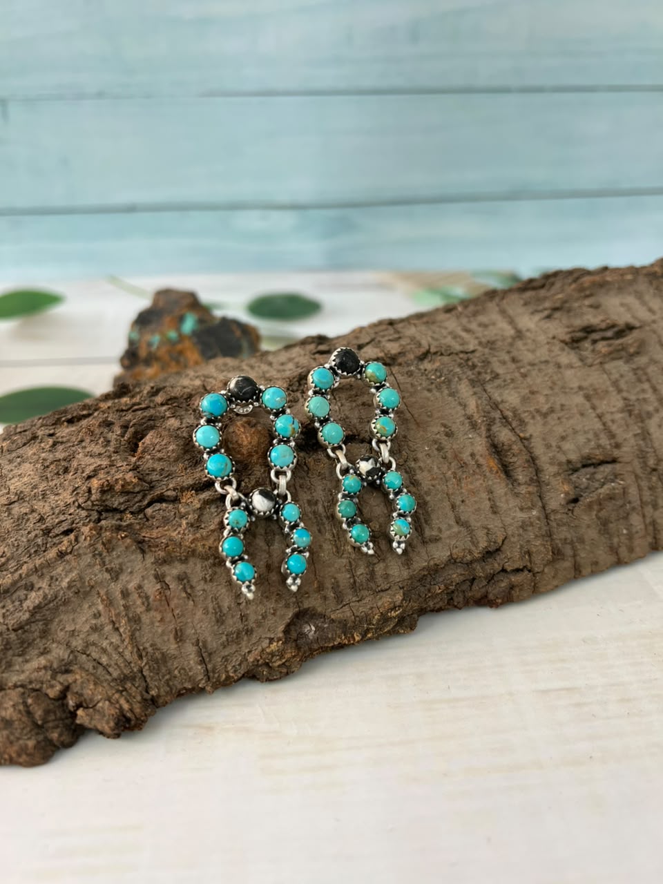 Handmade Sterling Silver Kingman Turquoise with White Buffalo Post Dangle Earrings Signed Nizhoni