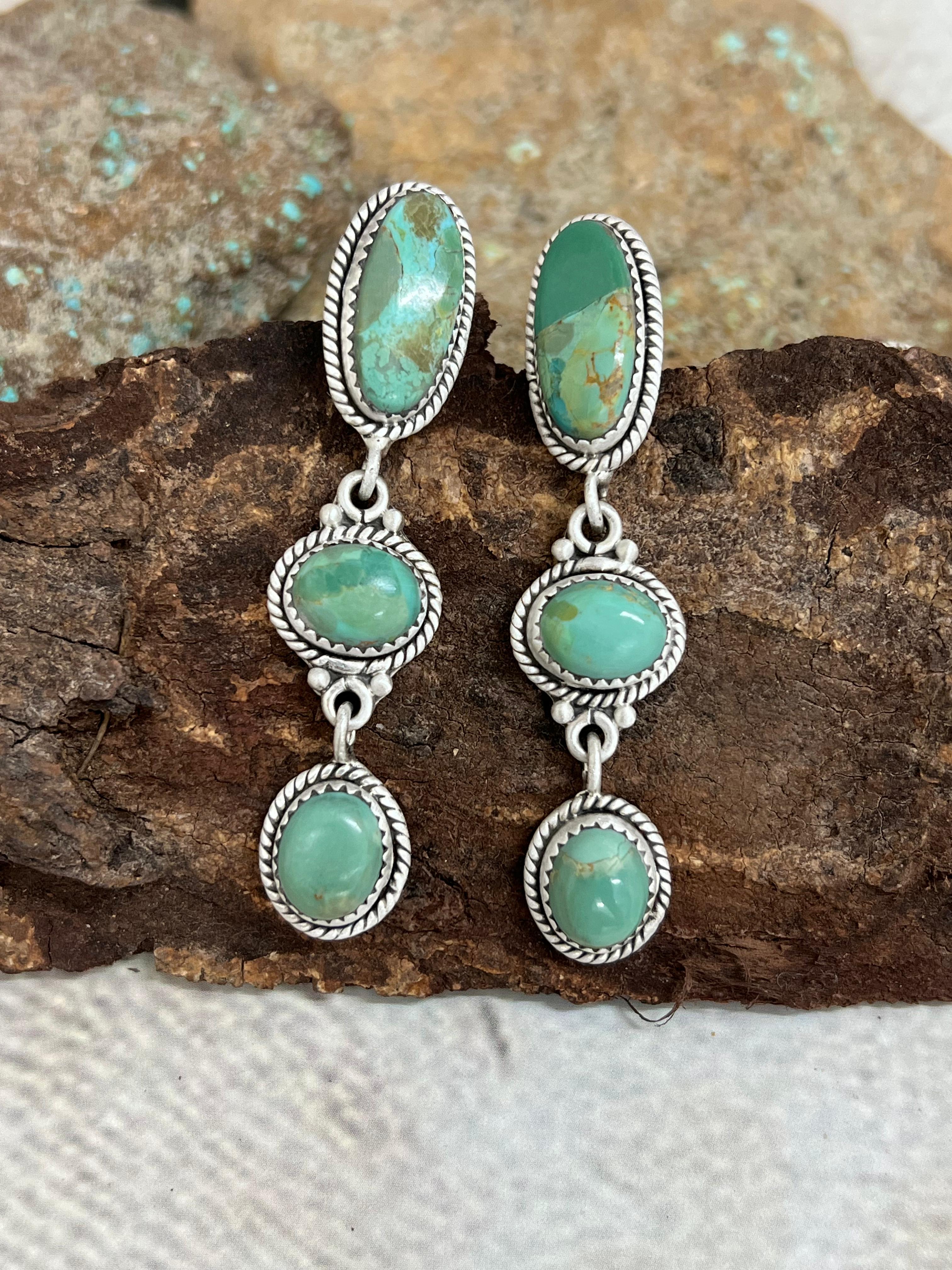 Handmade Sterling Silver Kingman Turquoise Post Dangle Earrings with Signed Nizhoni