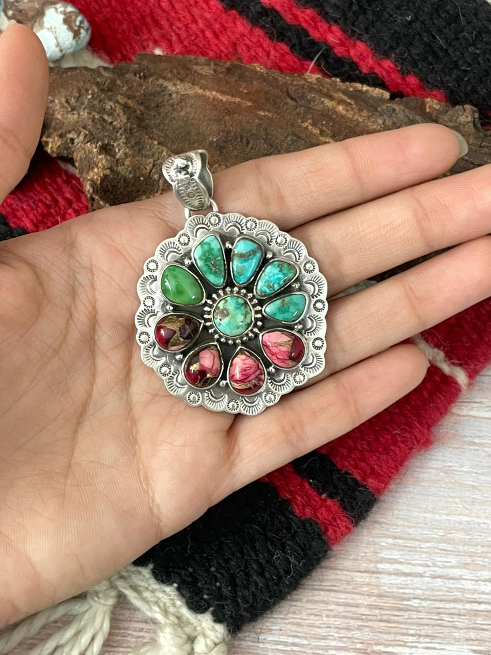Handmade Sterling Silver Dahlia Rose with Emerald Valley Turquoise Pendant "Signed Nizhoni"