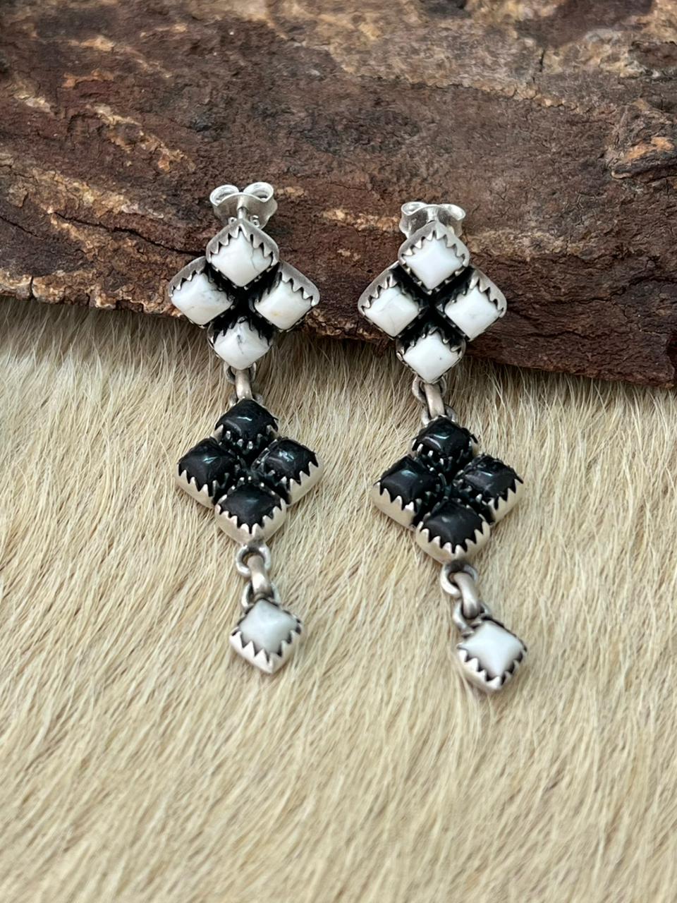 Handmade Sterling Silver White Buffalo Post Dangle Earrings "Signed Nizhoni" (8)