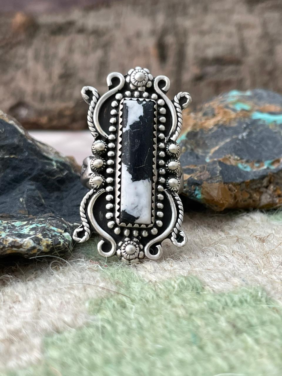 Handmade Sterling Silver White Buffalo Adjustable Ring "Signed Nizhoni"