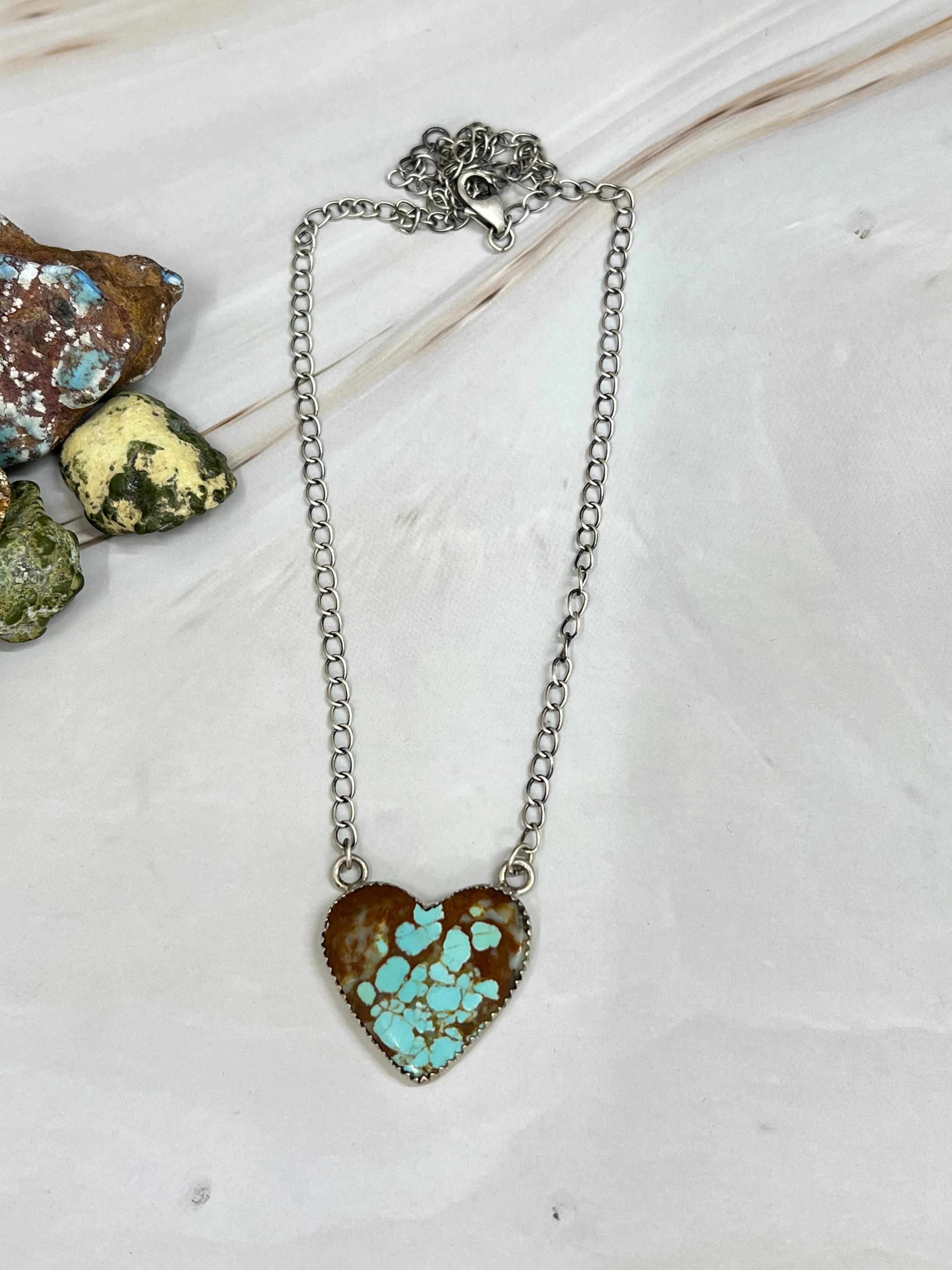 Handmade Sterling Silver Number 8 Turquoise Heart Pendant Necklace with Signed Nizhoni (6)