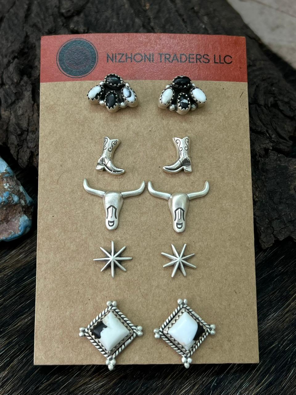 Handmade Sterling Silver White Buffalo Post Studs Earrings Set