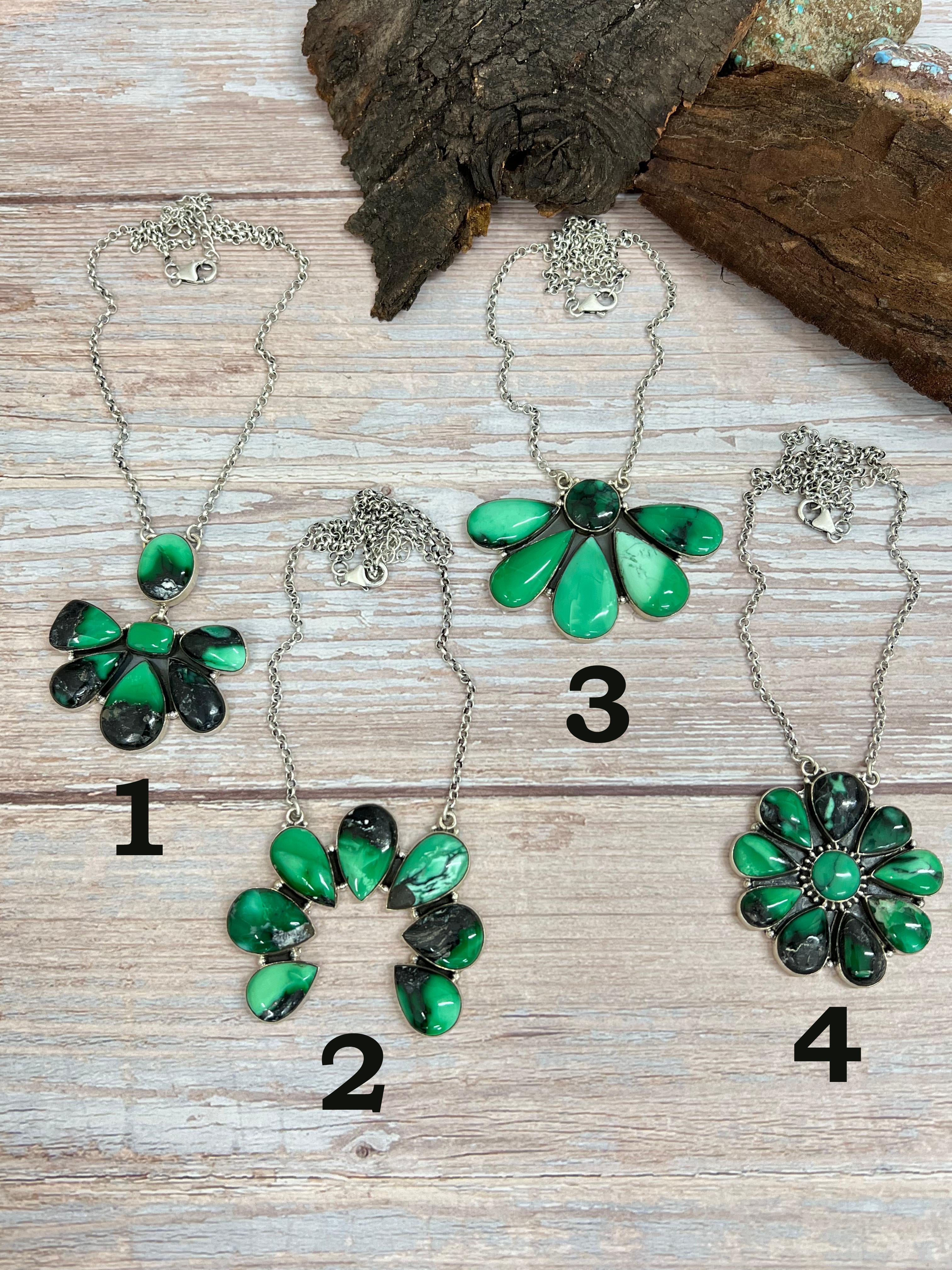 Handmade Sterling Silver Emerald Rose Necklace with Signed Nizhoni