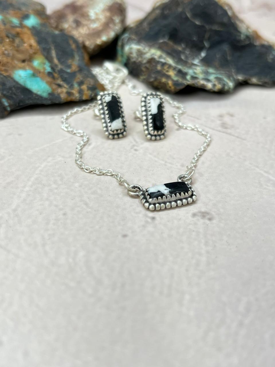 Handmade Sterling Silver White Buffalo Necklace Earrings Set "Signed Nizhoni"