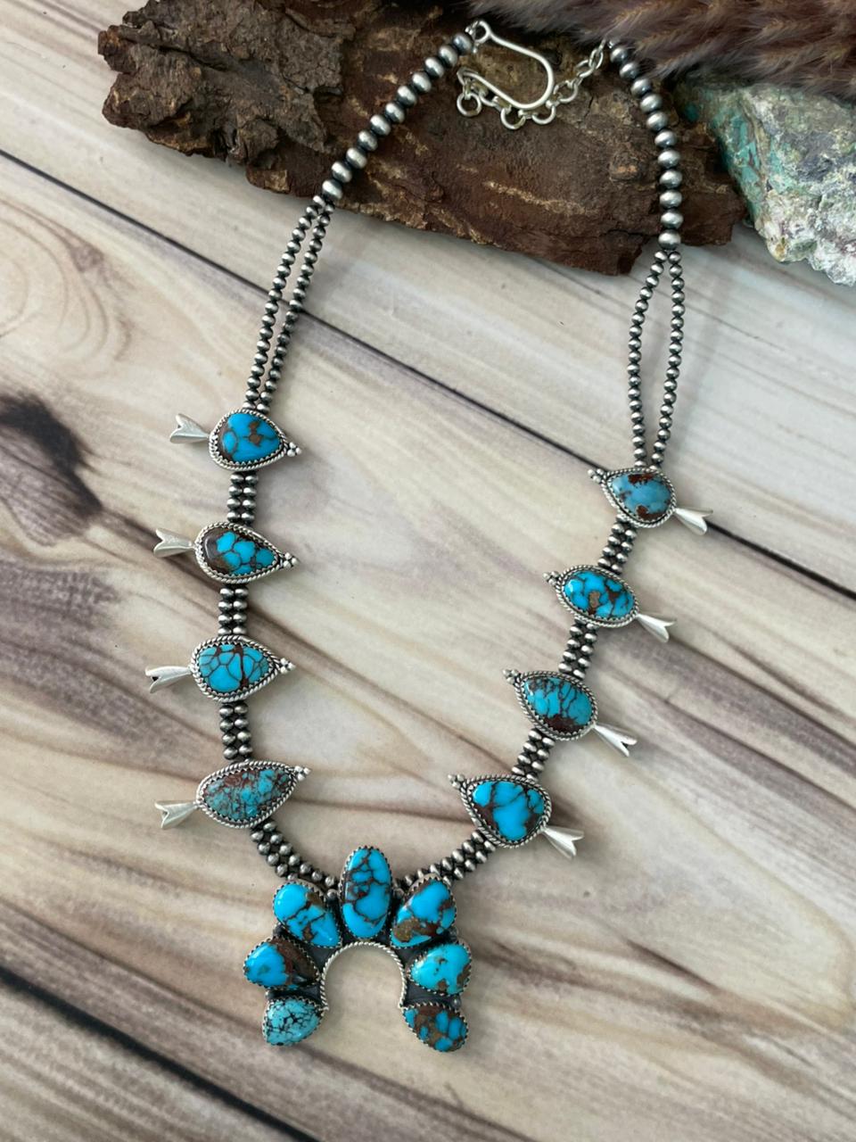 Handmade Sterling Silver Egyptian Turquoise Beaded Naja Squash Blossom Necklace Signed Nizhoni