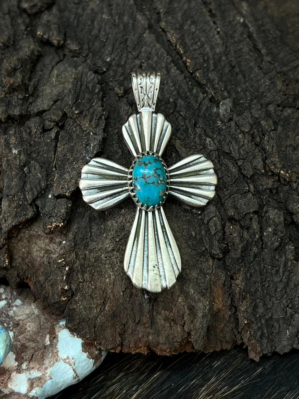 Handmade Sterling Silver Kingman Turquoise Cross Pendant "Signed Nizhoni" (4)