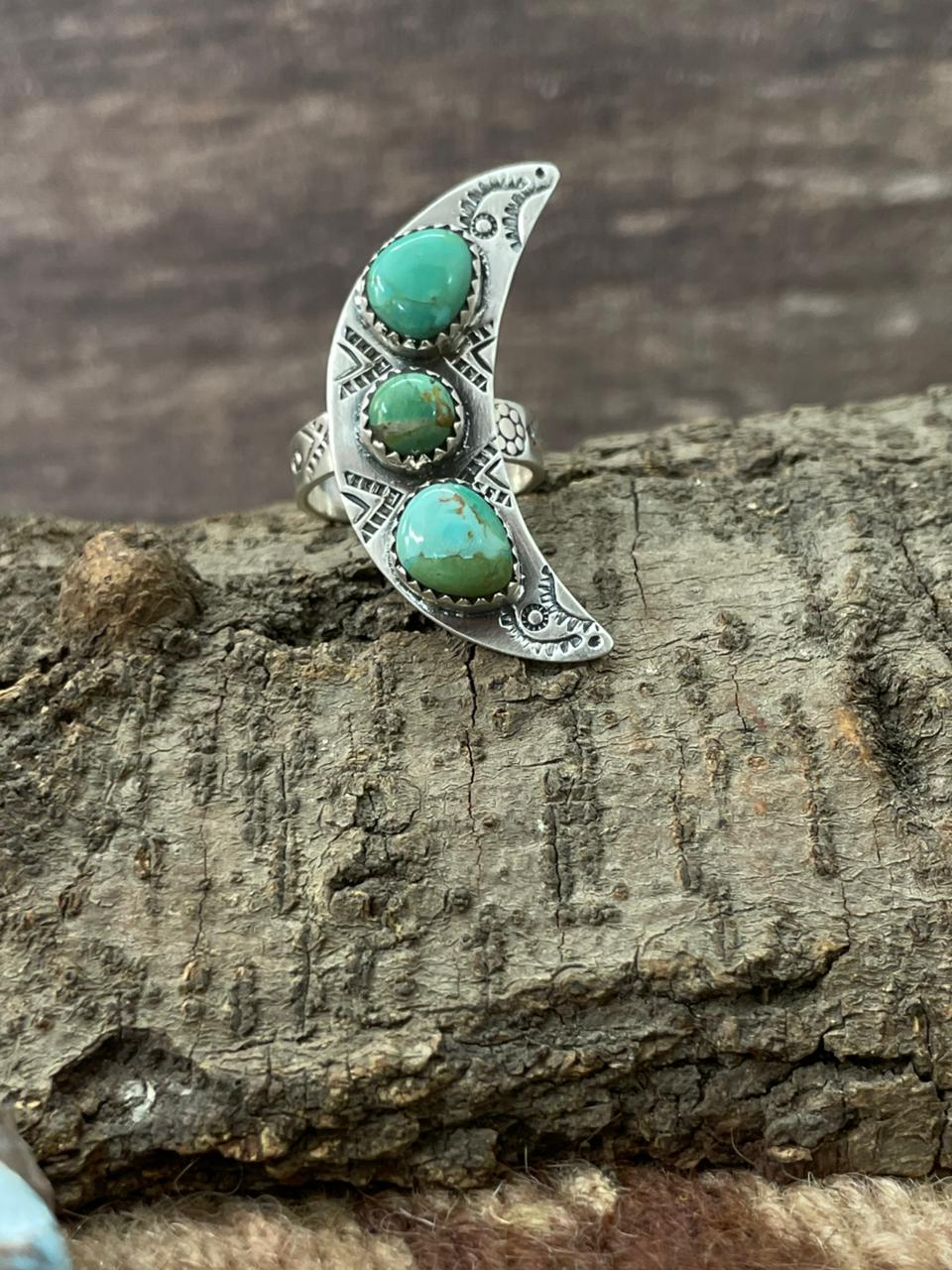Handmade Sterling Silver Kingman Turquoise Moon Adjustable Ring "Signed Nizhoni"