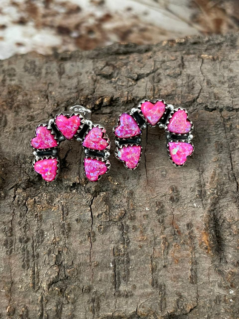 Handmade Sterling Silver Hot Pink Post Studs Earrings "Signed Nizhoni"