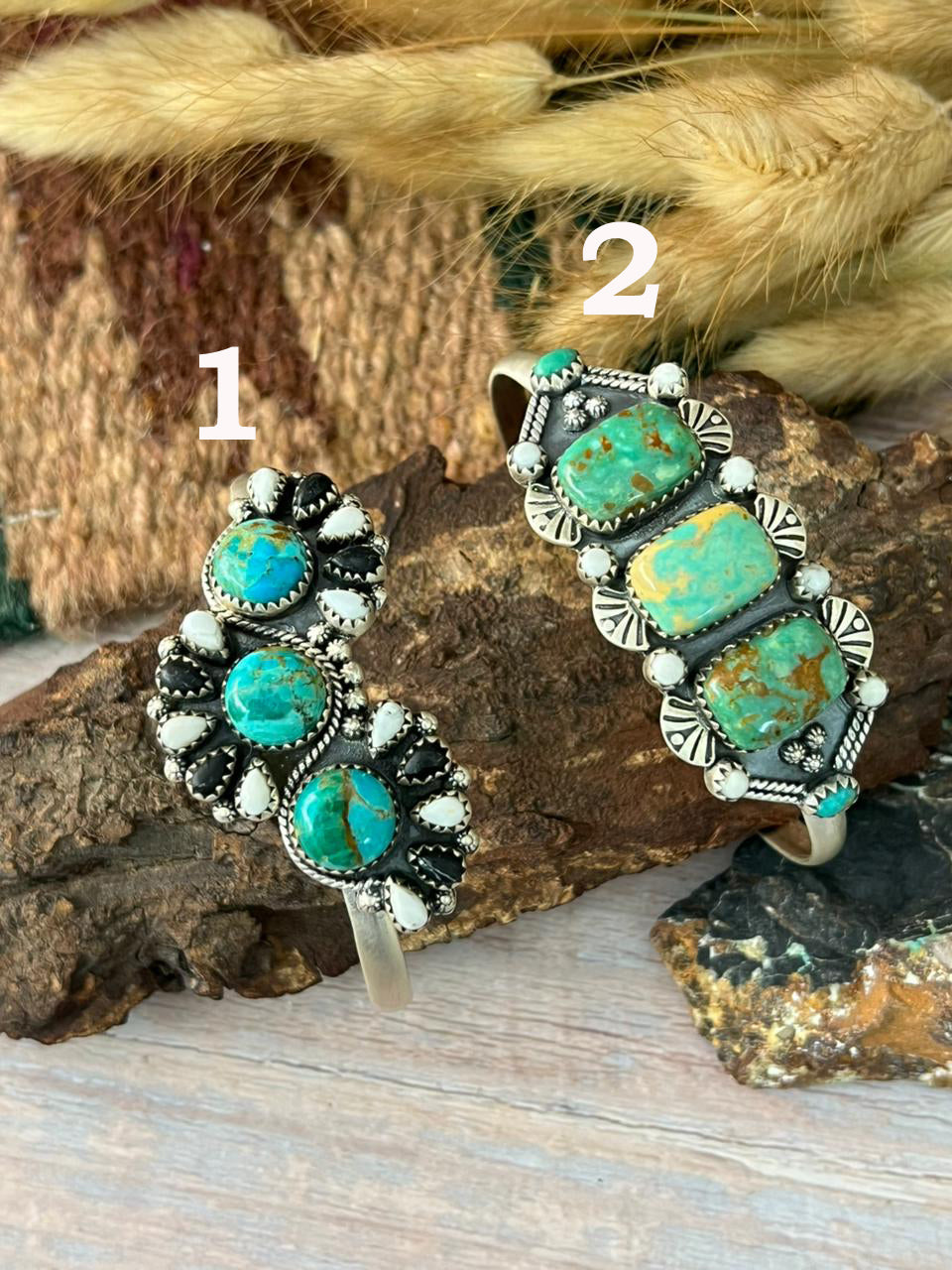 Handmade Sterling Silver Kingman and Manassa Turquoise with White Buffalo Cuff Bracelet "Signed Nizhoni"