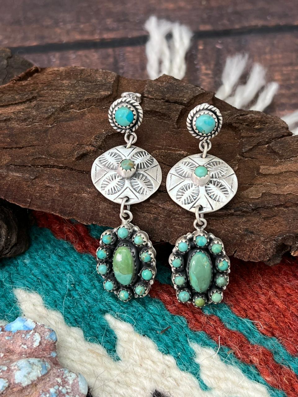 Handmade Sterling Silver Kingman Turquoise Post Dangle Earrings "Signed Nizhoni"