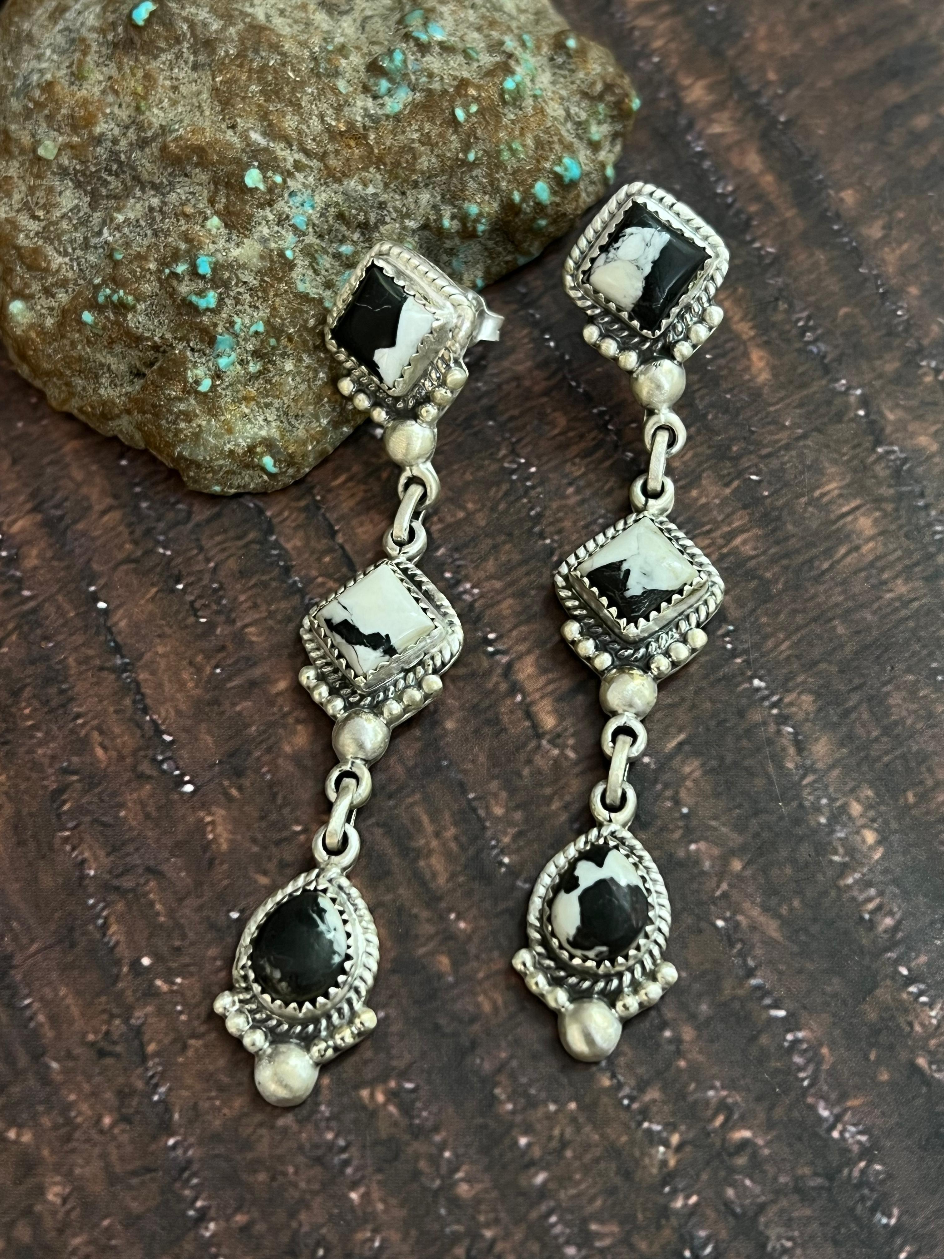 Handmade Sterling Silver White Buffalo Post Dangle Earrings with Signed Nizhoni