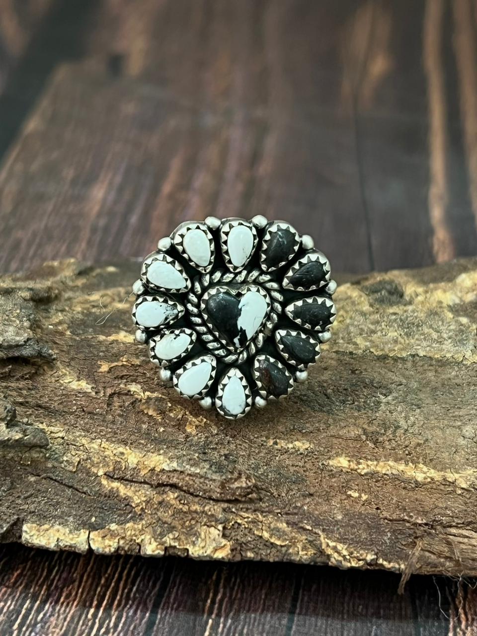 Handmade Sterling Silver White Buffalo Heart Adjustable Ring "Singed Nizhoni"