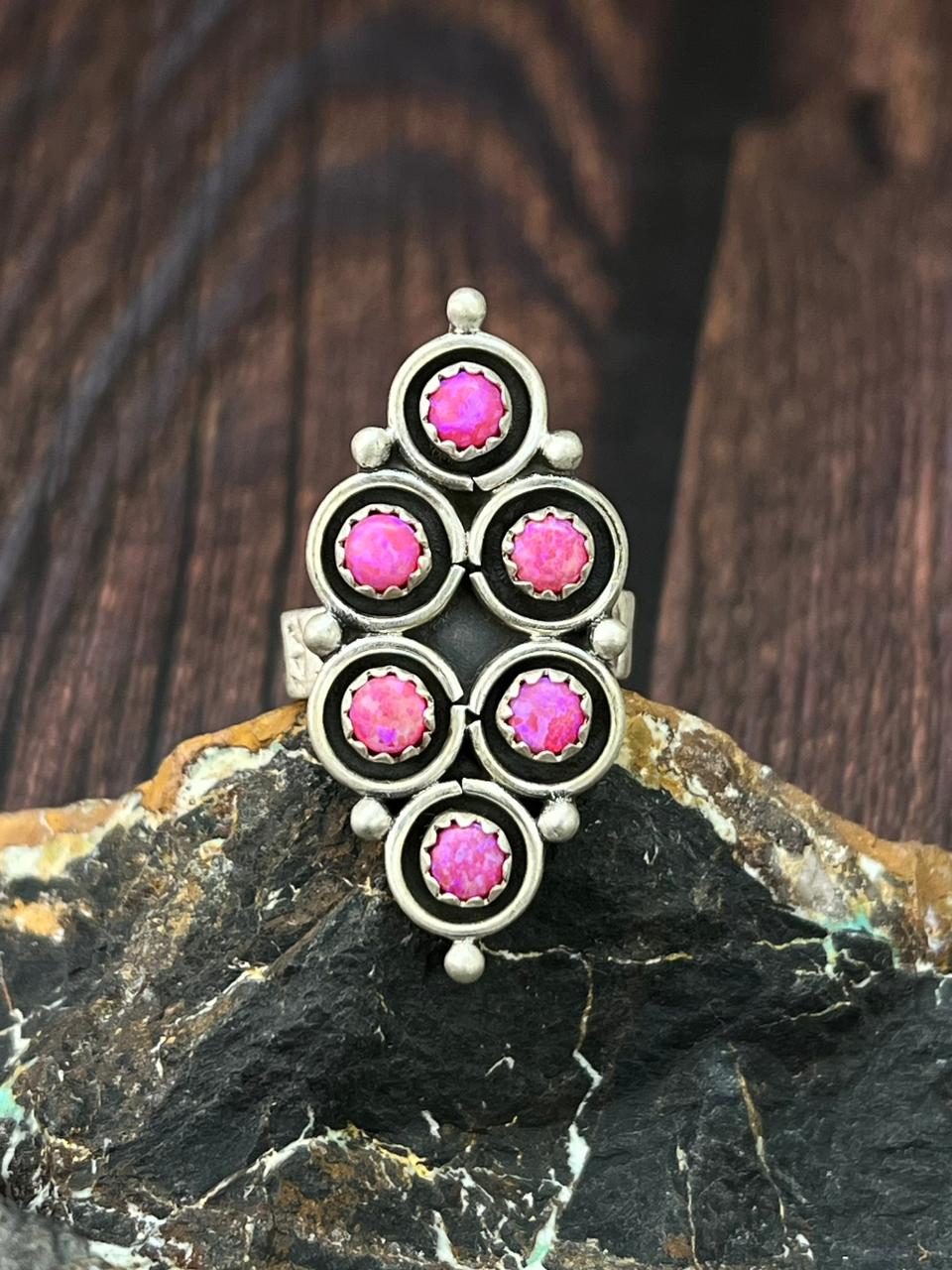 Handmade Sterling Silver Hot Pink Adjustable Ring "Singed Nizhoni"