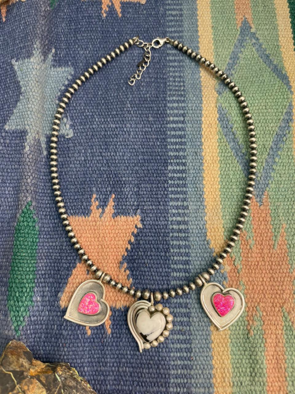 Handmade Sterling Silver White Buffalo with Hot Pink Beaded Heart Necklace "Signed Nizhoni"