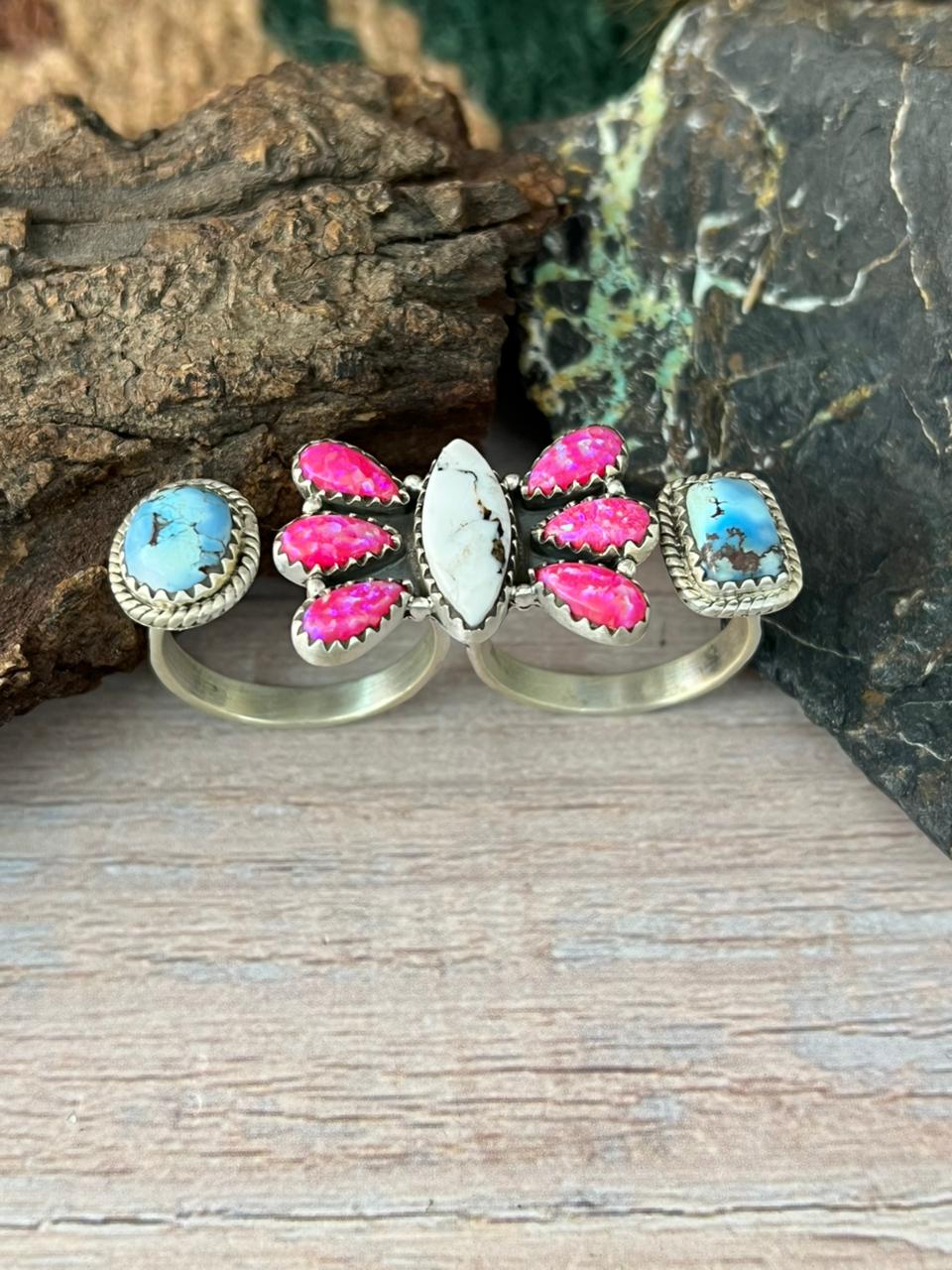 Handmade Sterling Silver Hot Pink with White Buffalo and Golden Hills Turquoise Adjustable Ring "Signed Nizhoni"