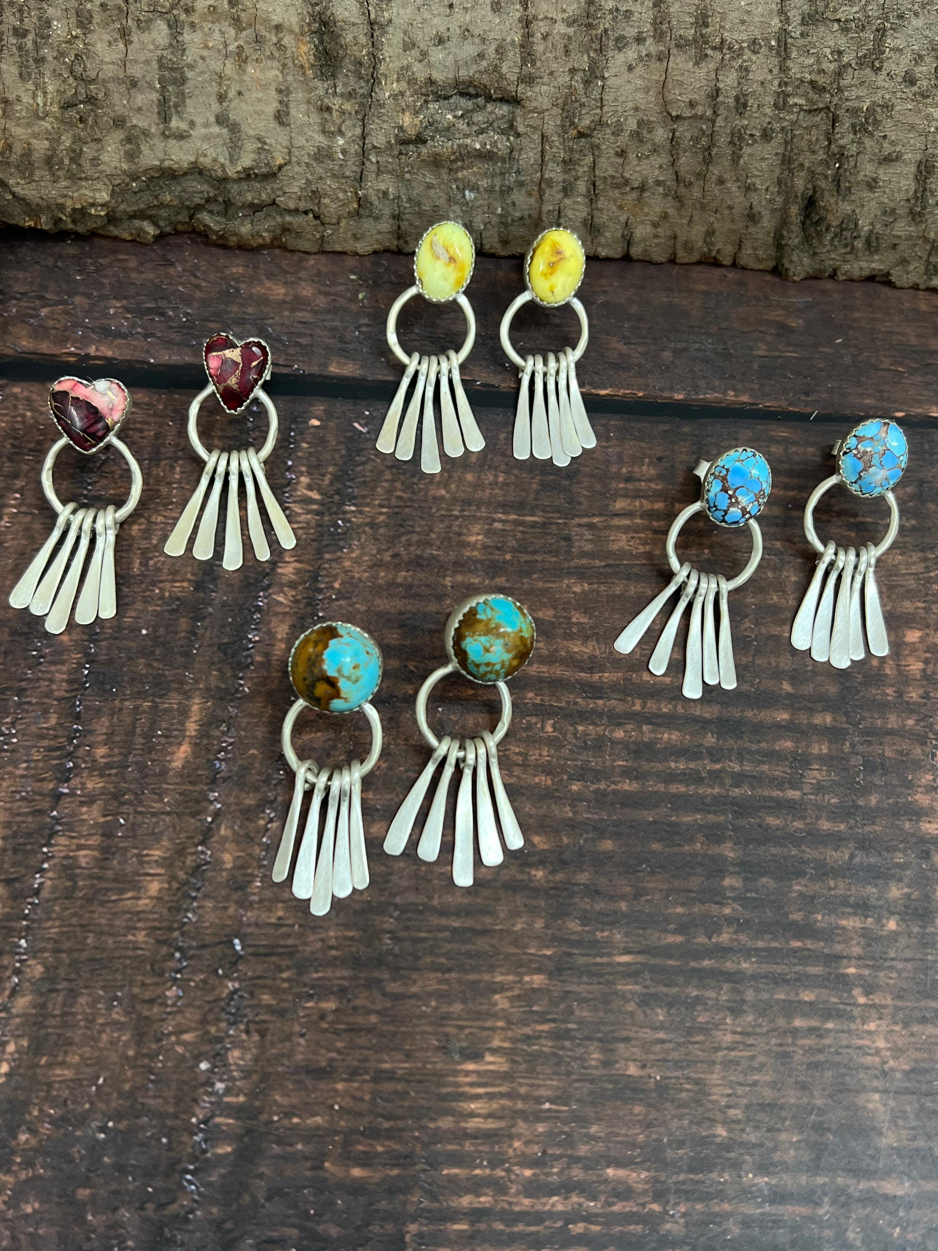 Handmade Sterling Silver Golden Hills, Palomino, Kingman Turquoise, Dahlia Rose Dangle Earrings with Signed Nizhoni