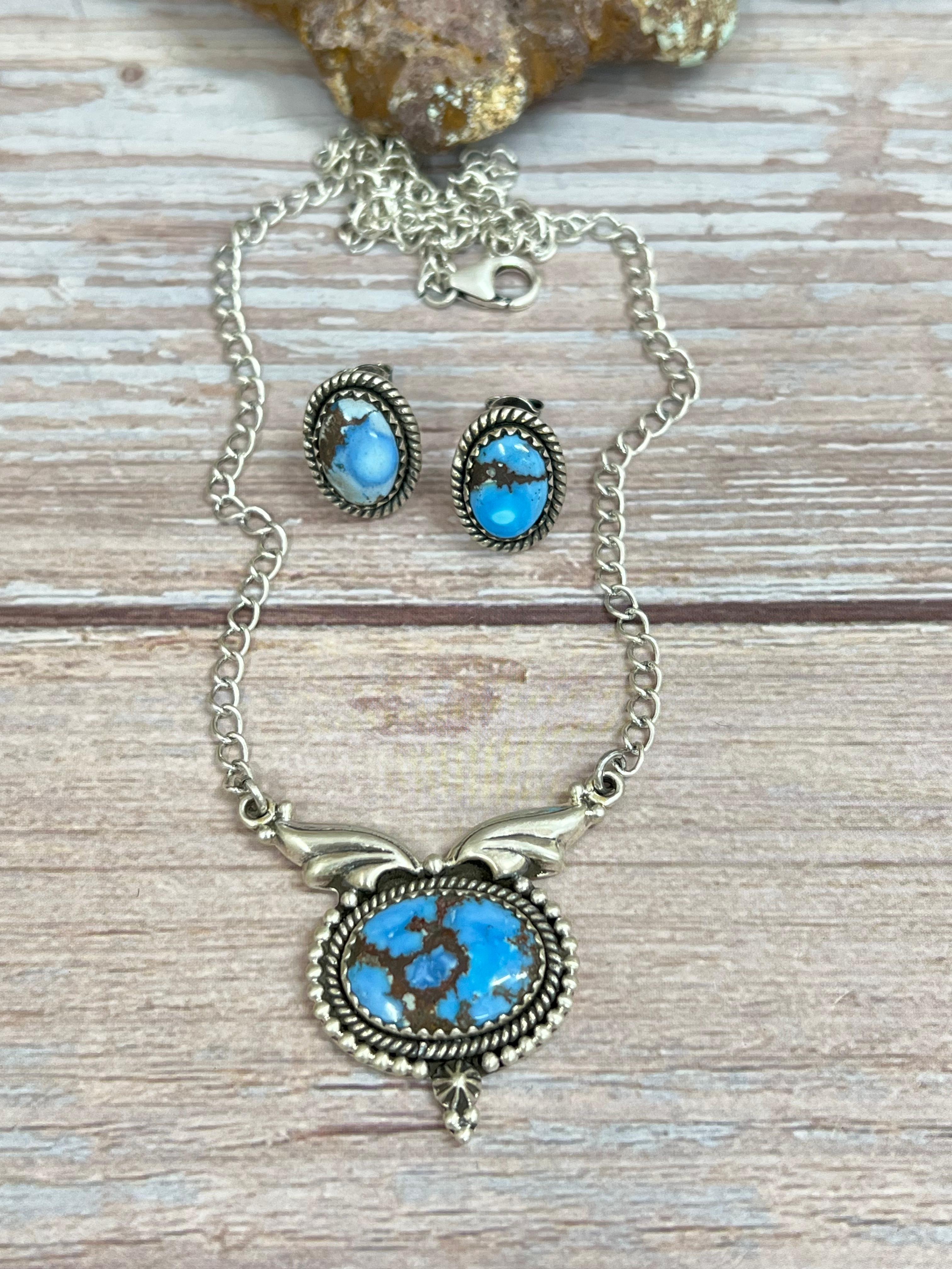 Handmade Sterling Silver Golden Hills Turquoise Necklace Earrings Set with Signed Nizhoni