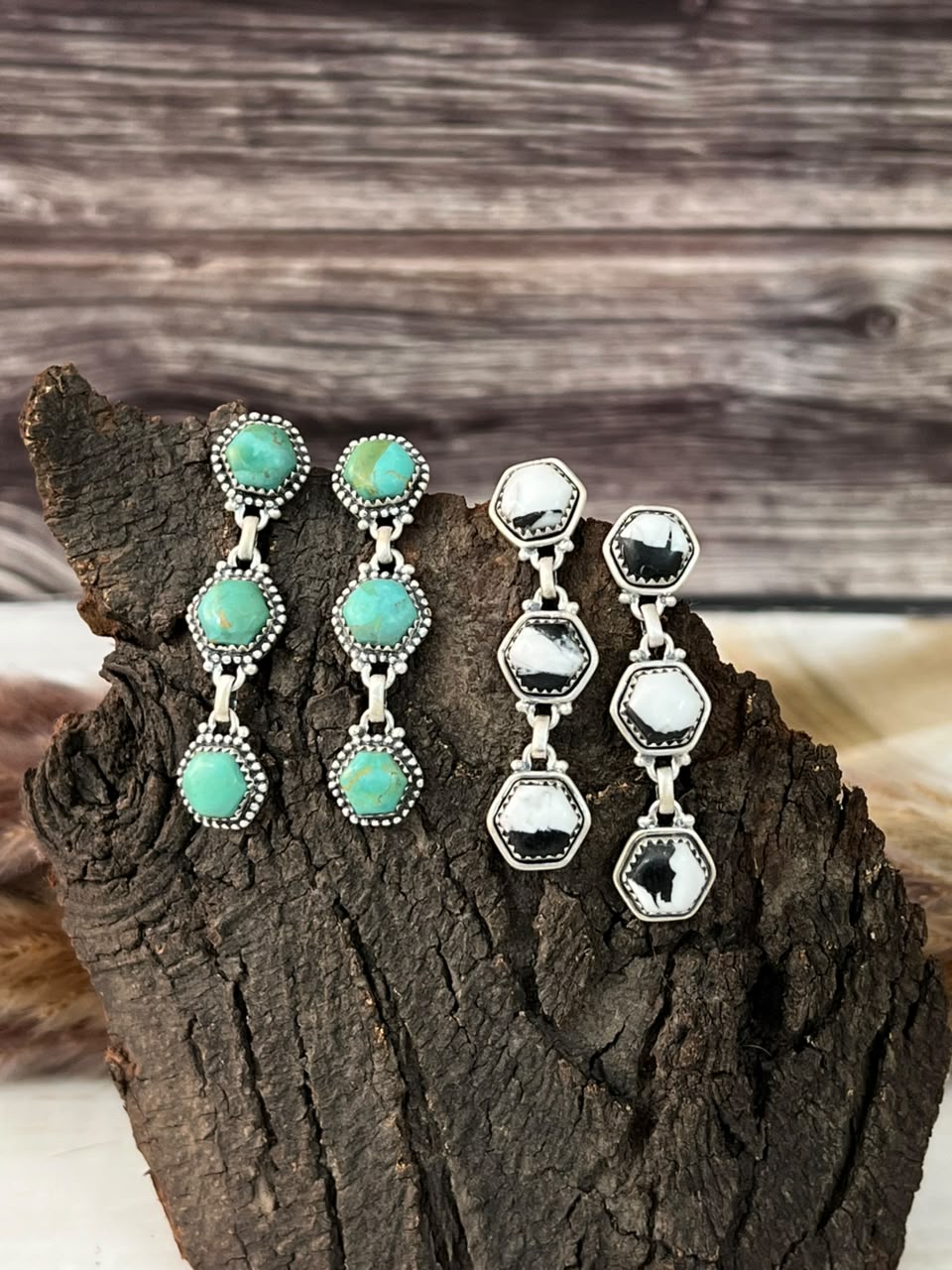 Handmade Sterling Silver Kingman Turquoise and White Buffalo Post Dangle Earrings Signed Nizhoni