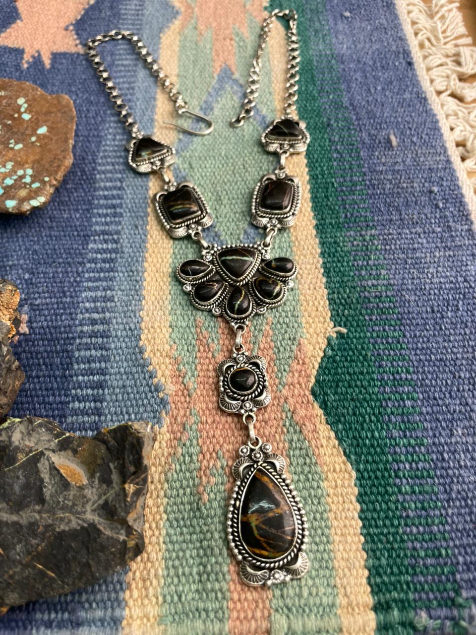 Handmade Sterling Silver Blackjack Turquoise Necklace "Signed Nizhoni"