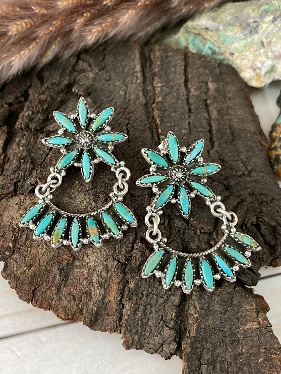 Handmade Sterling Silver Kingman Turquoise Post Dangle Earrings Signed Nizhoni