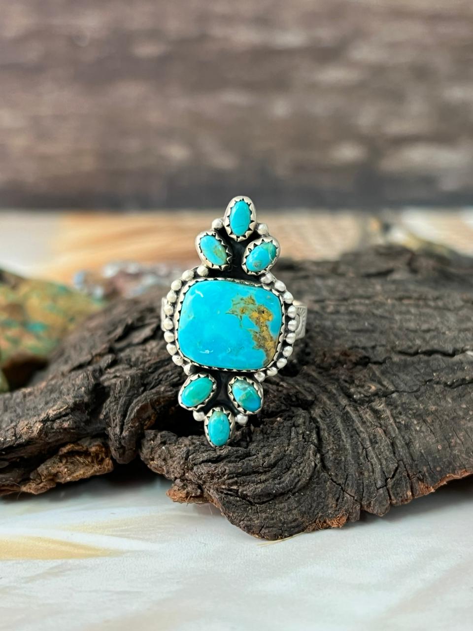 Handmade Sterling Silver Santa Maria with Kingman Turquoise Adjustable Ring "Signed Nizhoni"