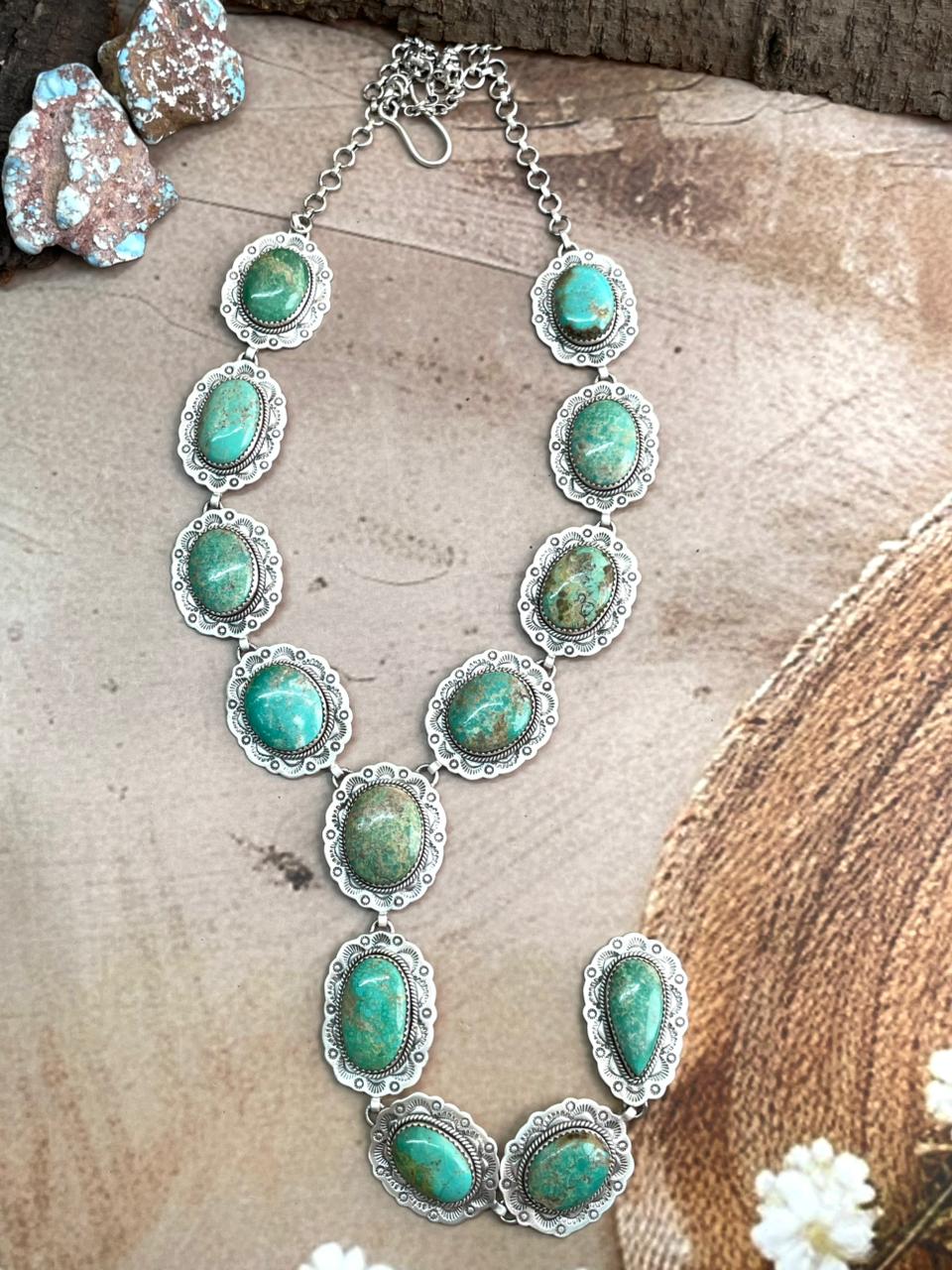 Handmade Sterling Silver Mantis Turquoise Necklace with Signed Nizhoni