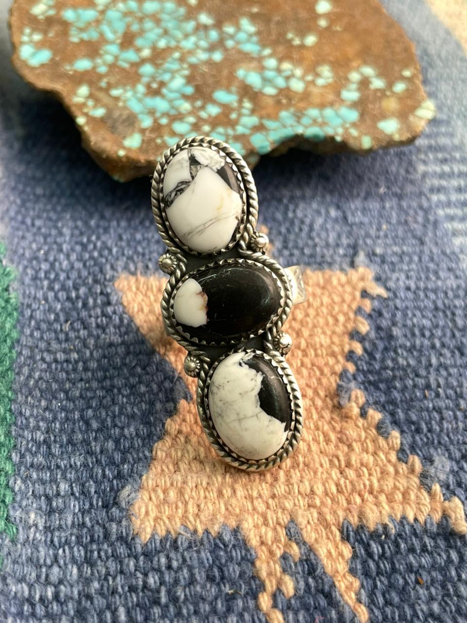 Handmade Sterling Silver White Buffalo Adjustable Ring "Signed Nizhoni"