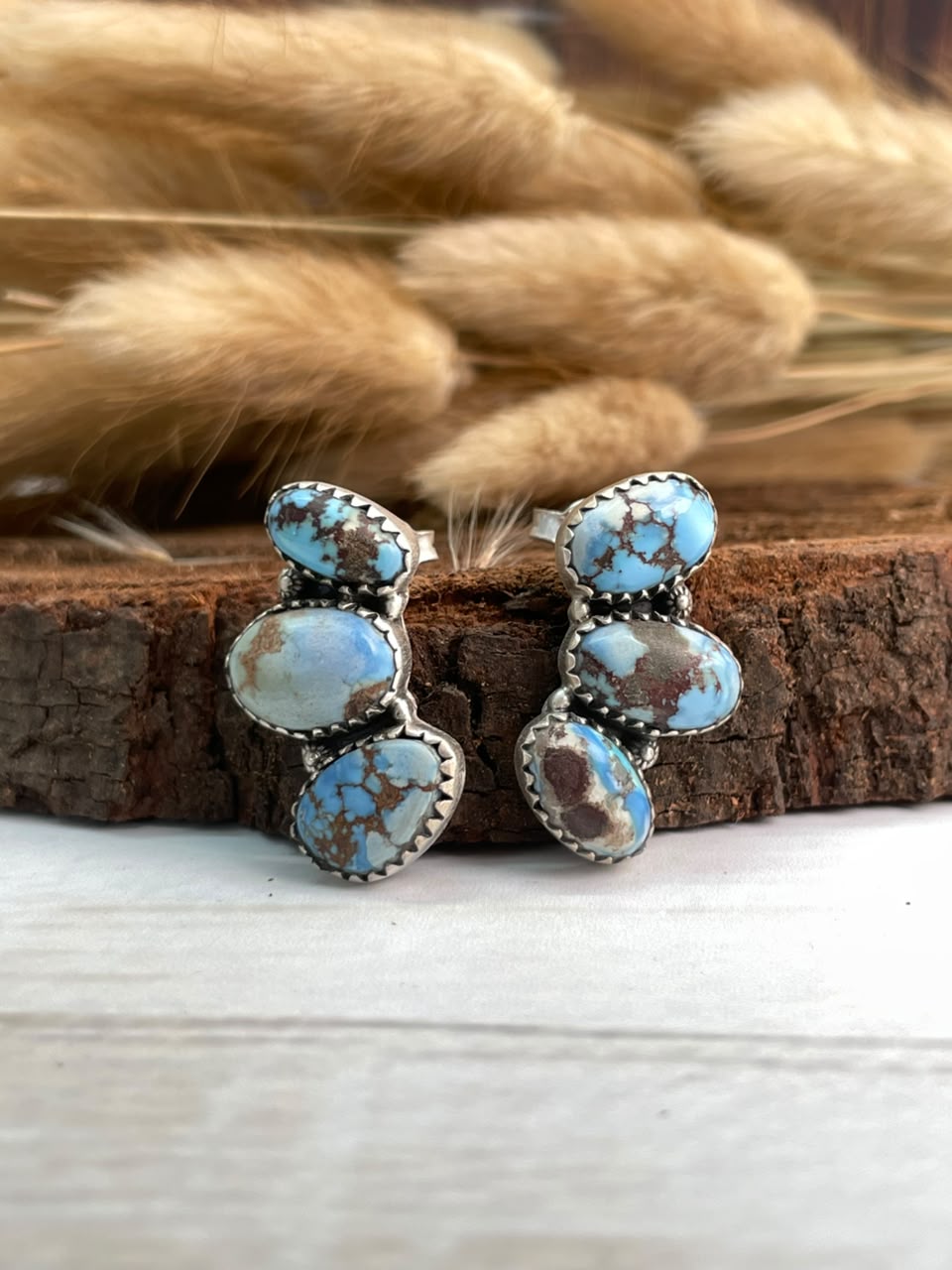 Handmade Sterling Silver Golden Hills Turquoise Post Studs Earrings Signed Nizhoni