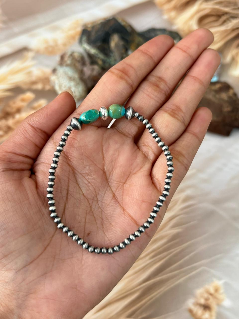 Handmade Sterling Silver Kingman Turquoise Beaded Stretch Bracelet