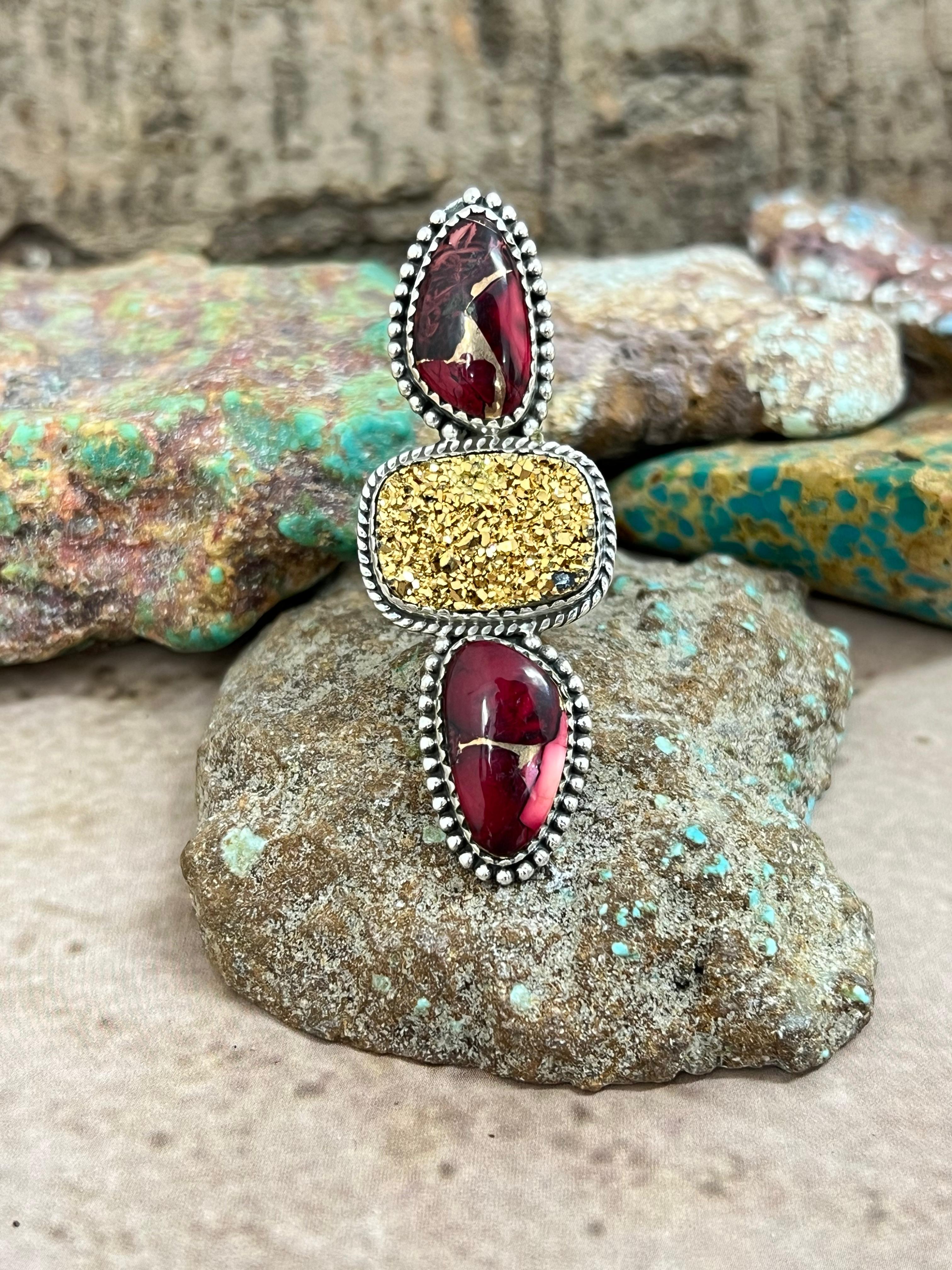 Handmade Sterling Silver Dahlia Rose with Druzy Adjustable Ring with Signed Nizhoni