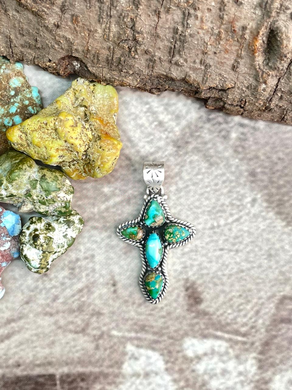 Handmade Sterling Silver Sonoran Mountain Turquoise Cross Pendant "Signed Nizhoni"