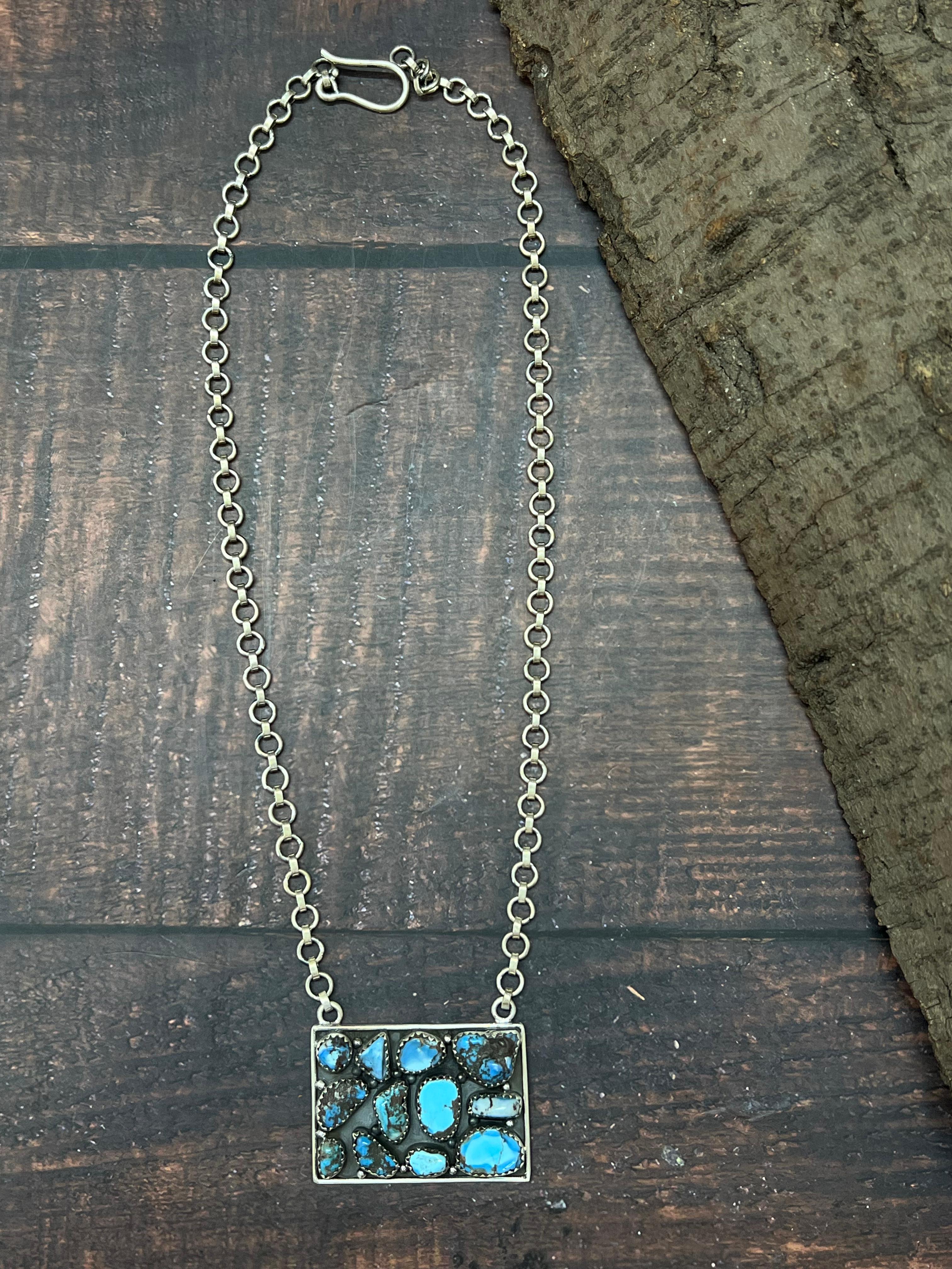 Handmade Sterling Silver Golden Hills Turquoise Necklace with Signed Nizhoni