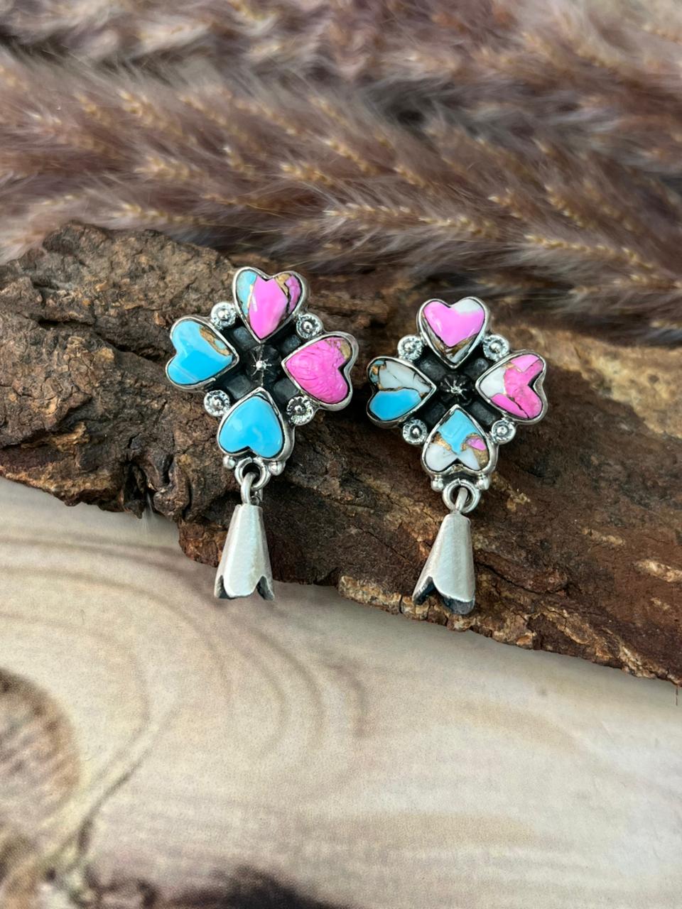 Handmade Sterling Silver Cotton Candy Post Dangle Squash Blossom Earrings Signed Nizhoni