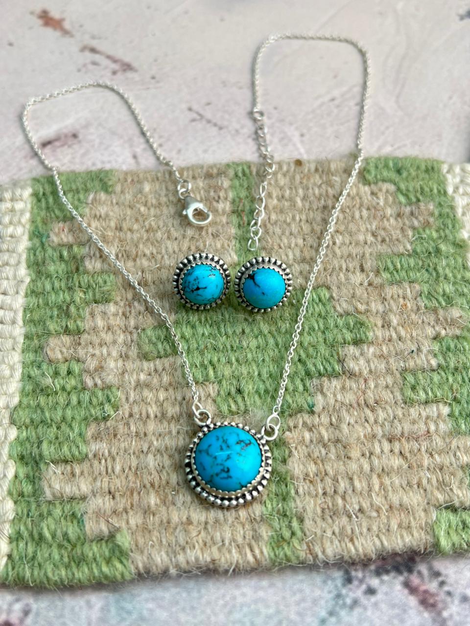 Handmade Sterling Silver Arizona Turquoise Necklace Earrings Set "Signed Nizhoni"