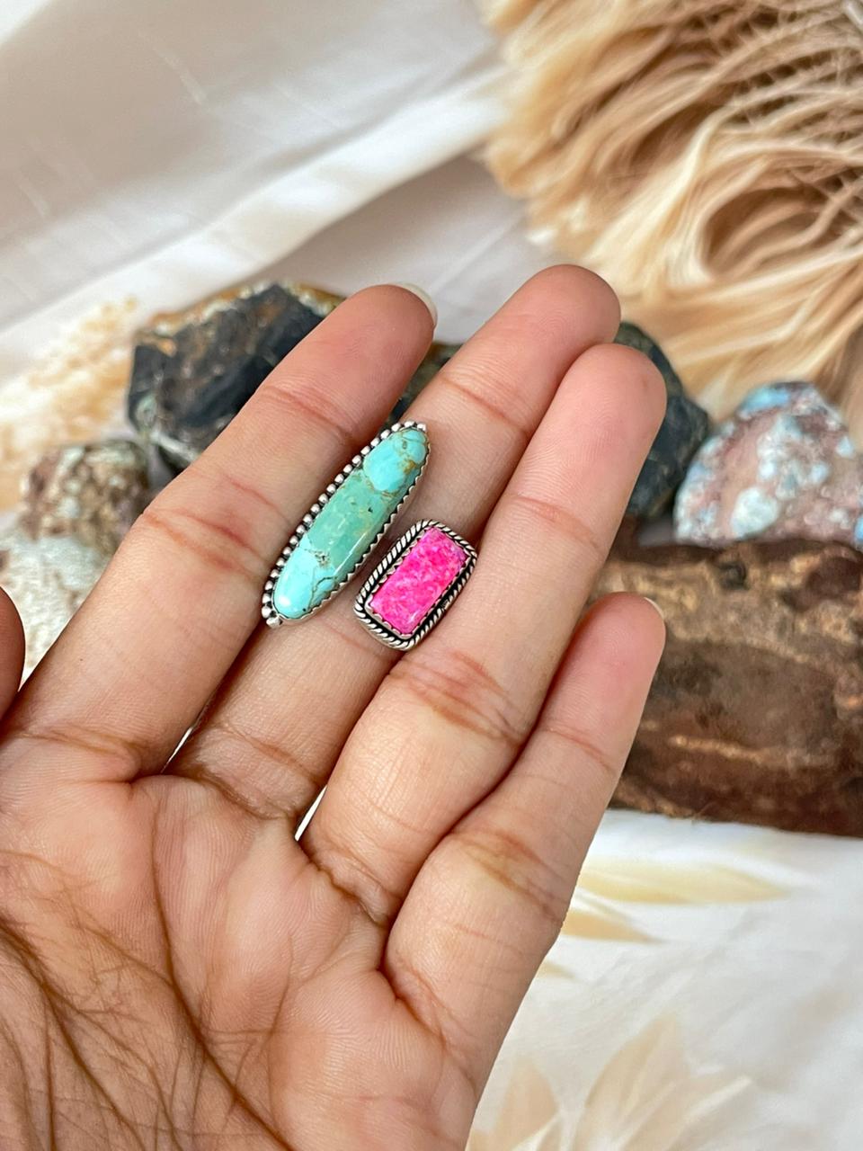 Handmade Sterling Silver Spring Collection: Kingman with Hot Pink Adjustable Ring "Signed Nizhoni"