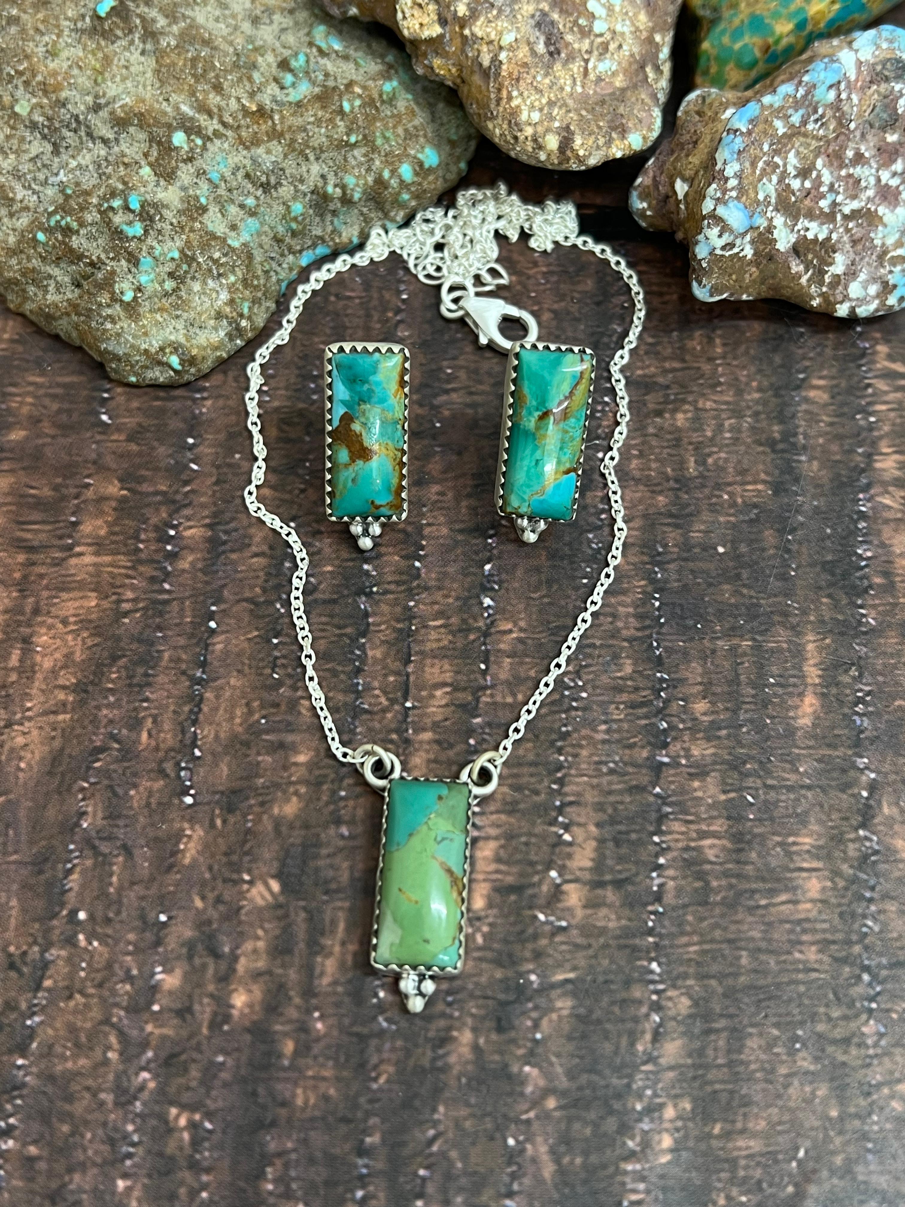 Handmade Sterling Silver Kingman Turquoise Necklace Earrings Set with Signed Nizhoni