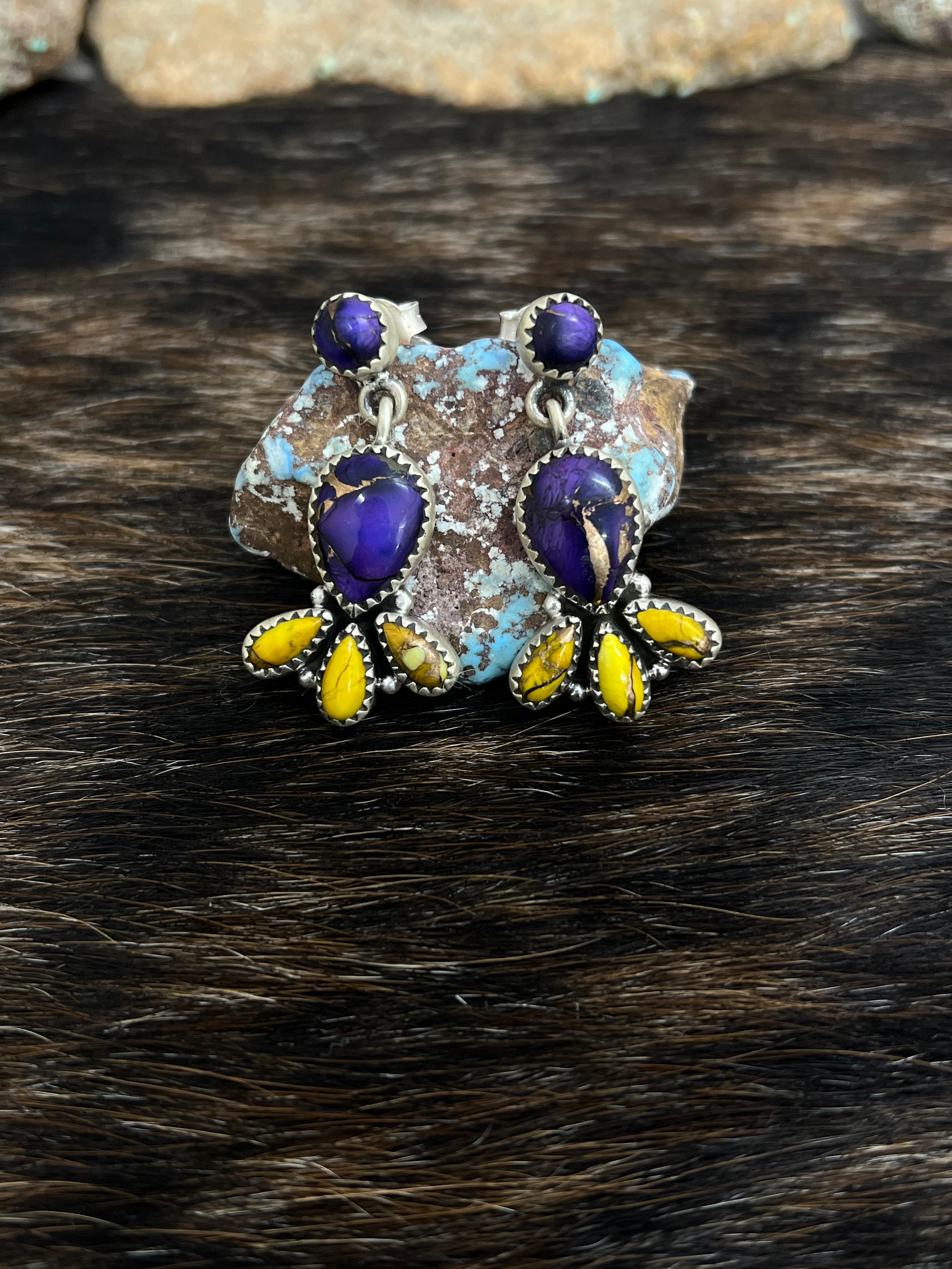 Handmade Sterling Silver Grape Dahlia With Honey Dahlia Post Studs with Signed Nizhoni