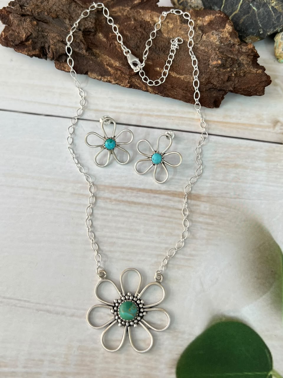 Handmade Sterling Silver Kingman Turquoise Necklace and Earrings Set Signed Nizhoni