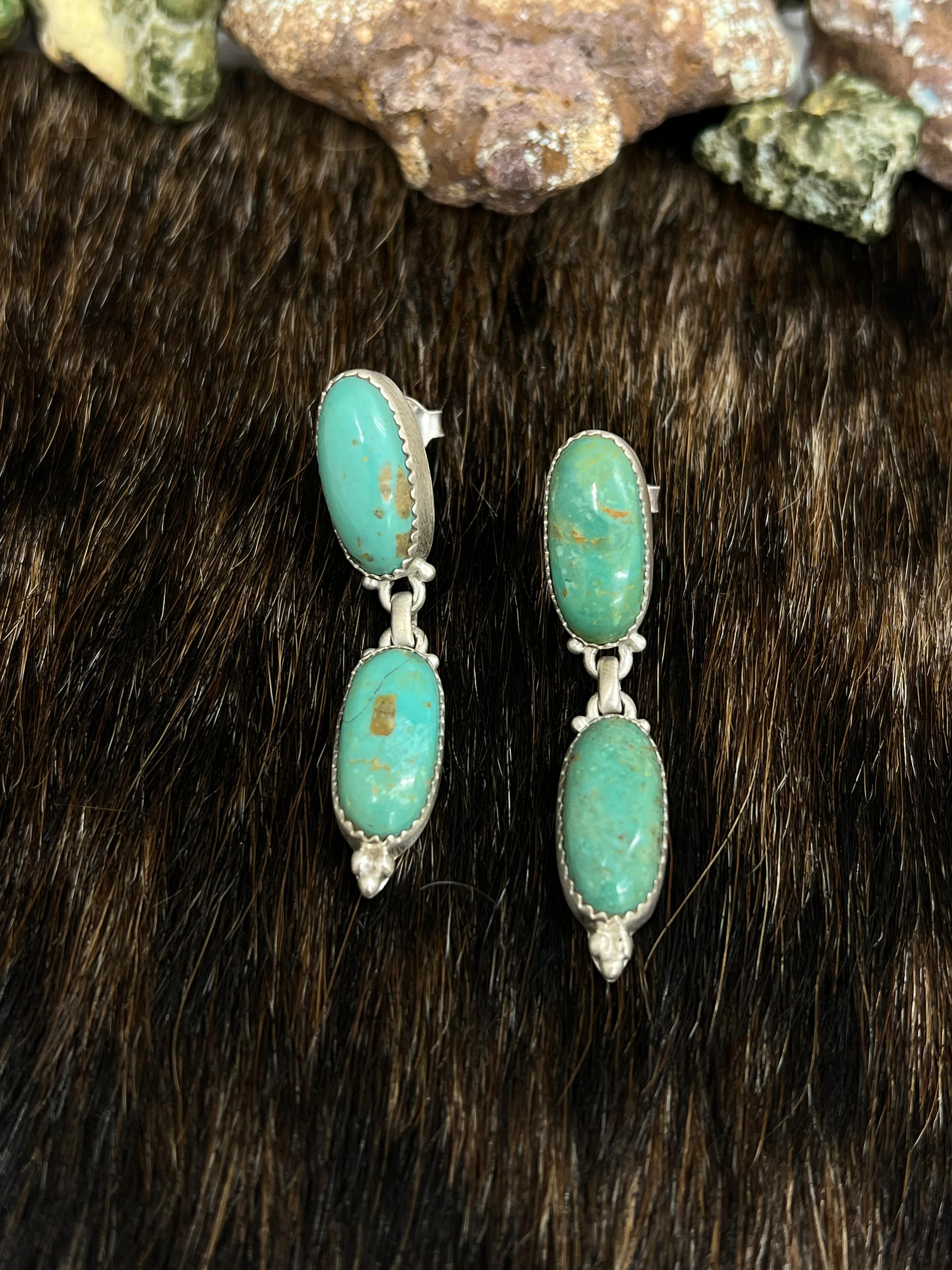 Handmade Sterling Silver Royston Turquoise Dangle Earrings with Signed Nizhoni