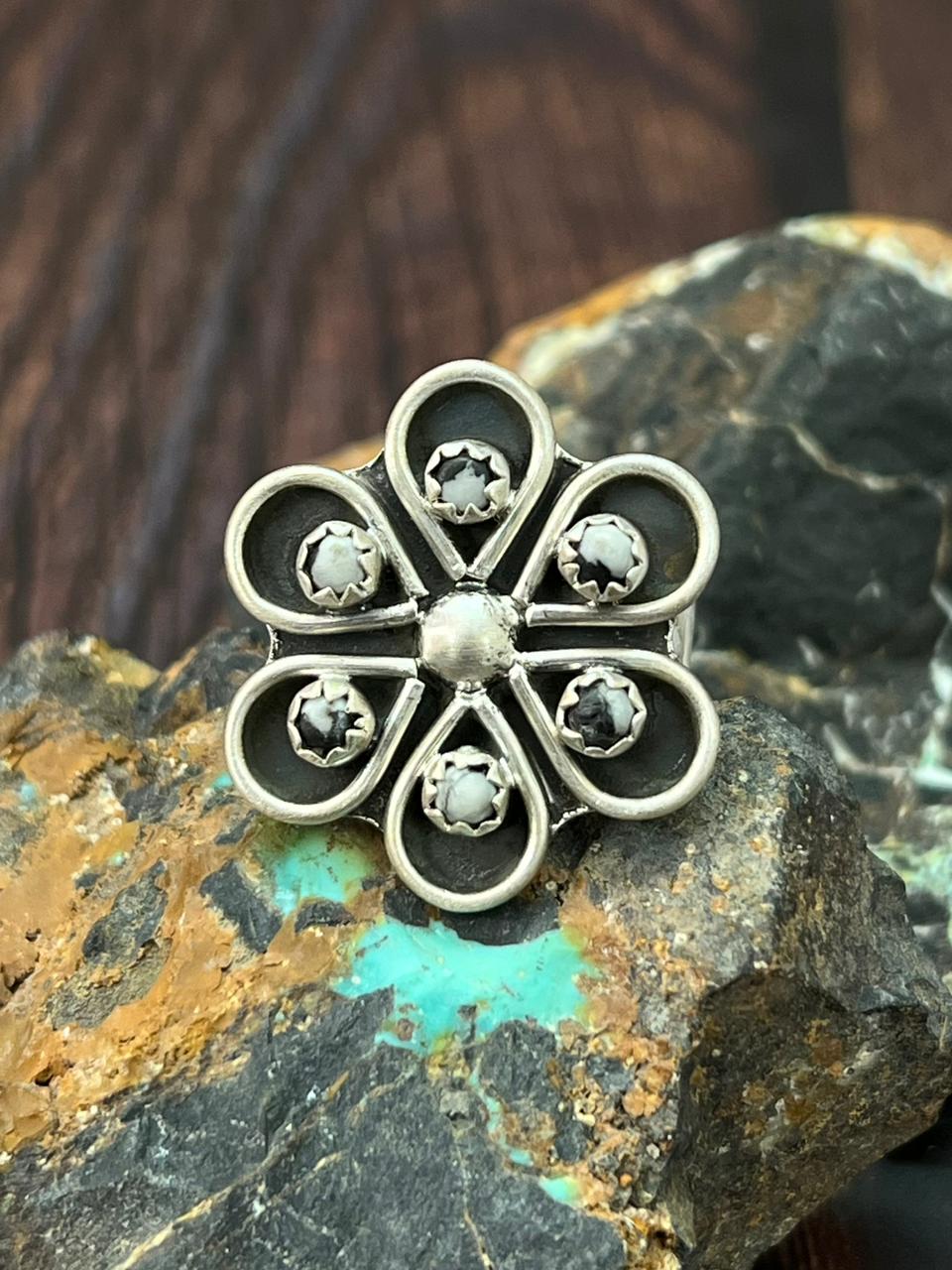 Handmade Sterling Silver White Buffalo Adjustable Ring "Singed Nizhoni" (1)