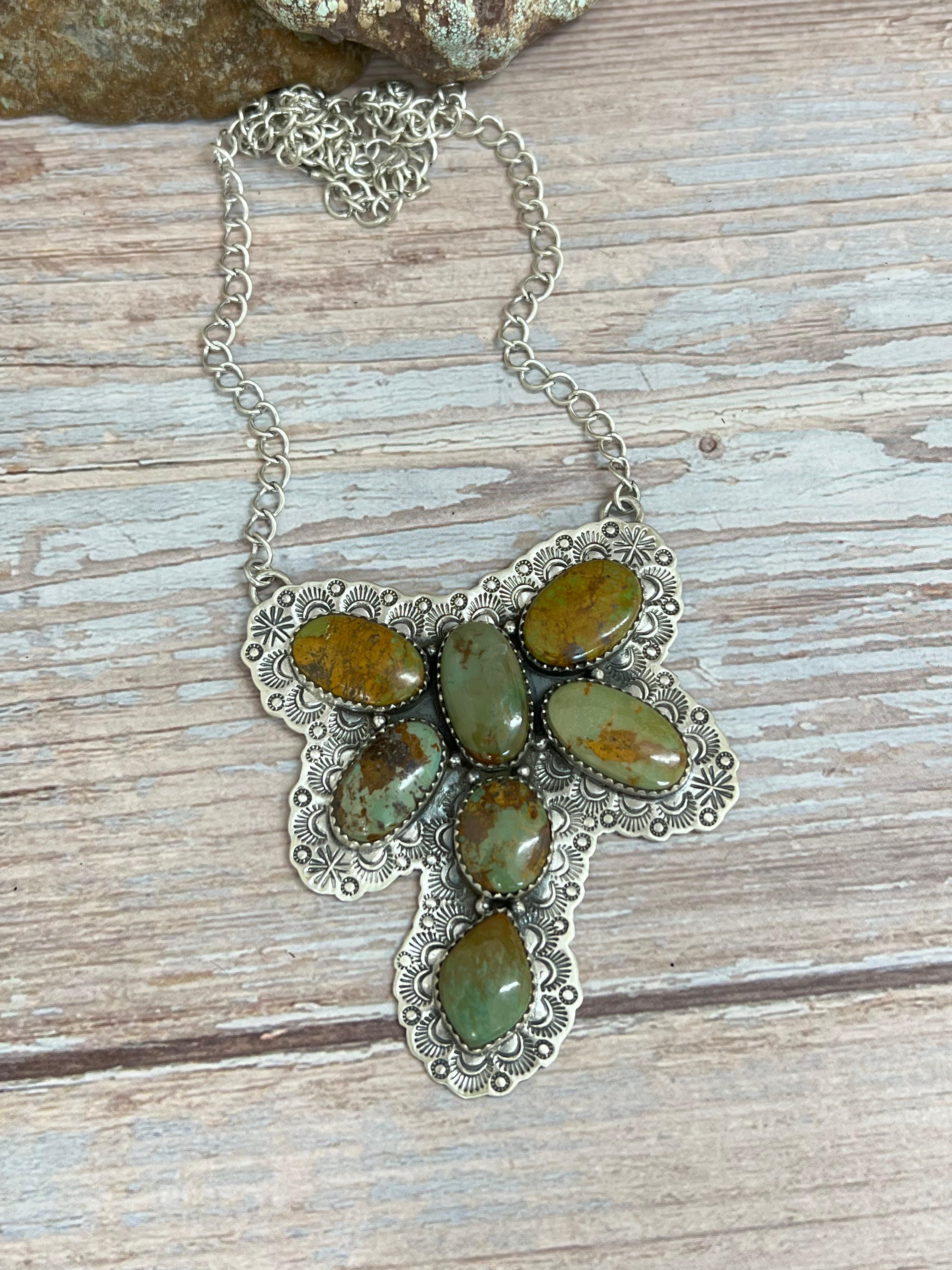 Handmade Sterling Silver Old Stock Royston Turquoise Butterfly Necklace Signed Nizhoni