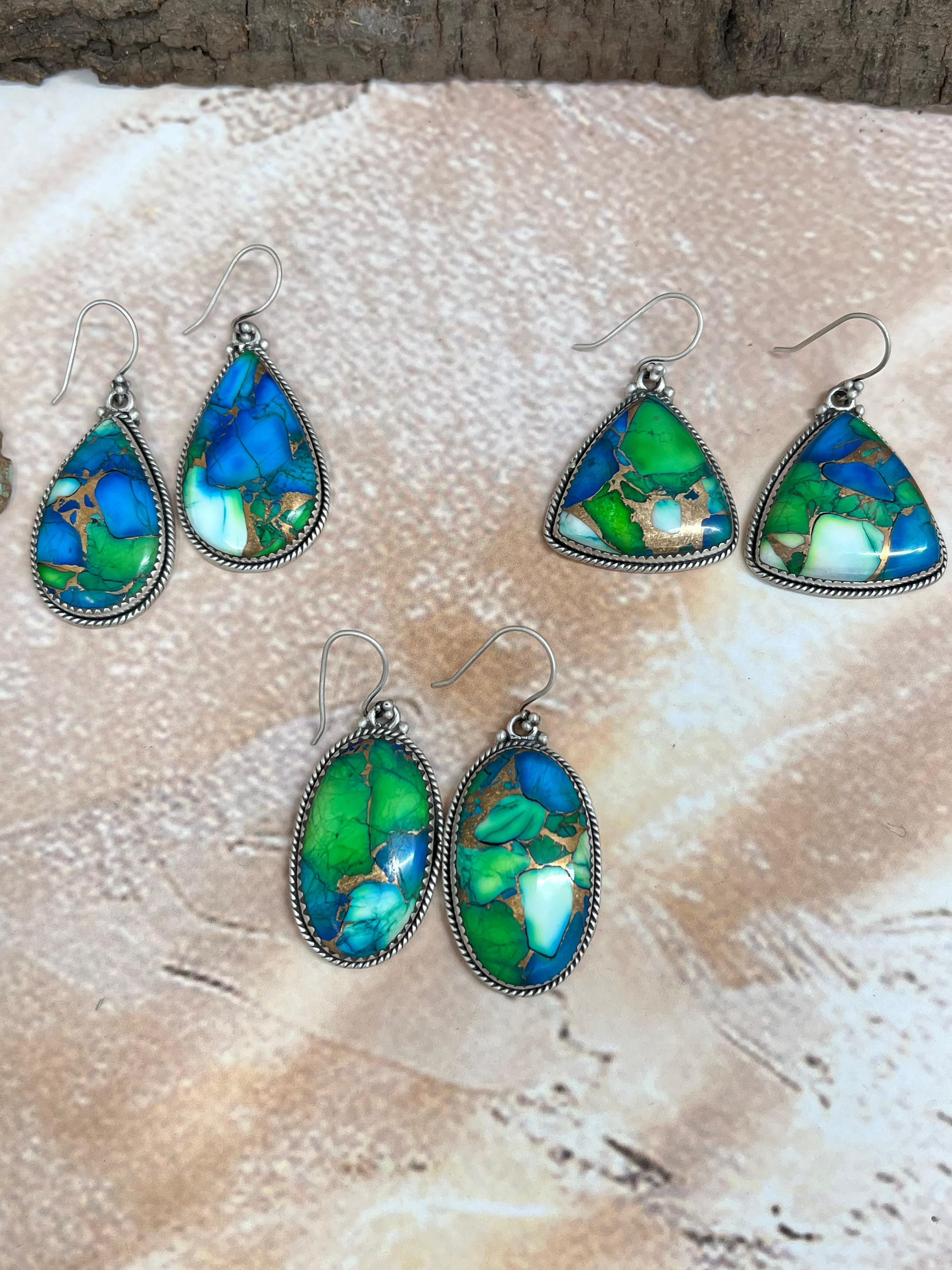Handmade Sterling Silver Peacock Dahlia Hook Earrings with Signed Nizhoni