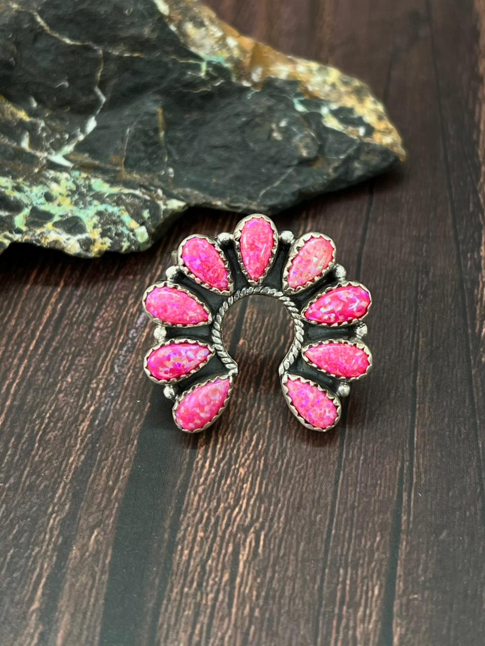 Handmade Sterling Silver Hot Pink Naja Adjustable Ring "Singed Nizhoni"