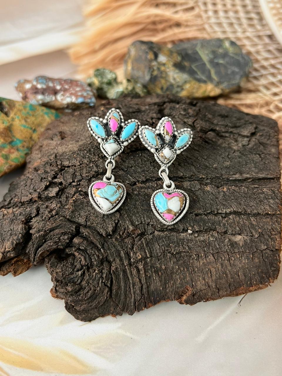 Handmade Sterling Silver Cotton Candy Post Heart Dangle Earrings "Signed Nizhoni"
