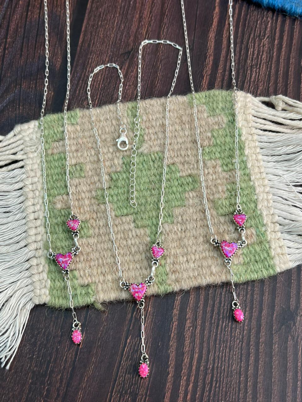 "Heart Collection" Handmade Sterling Silver Hot Pink Necklace "Signed Nizhoni"