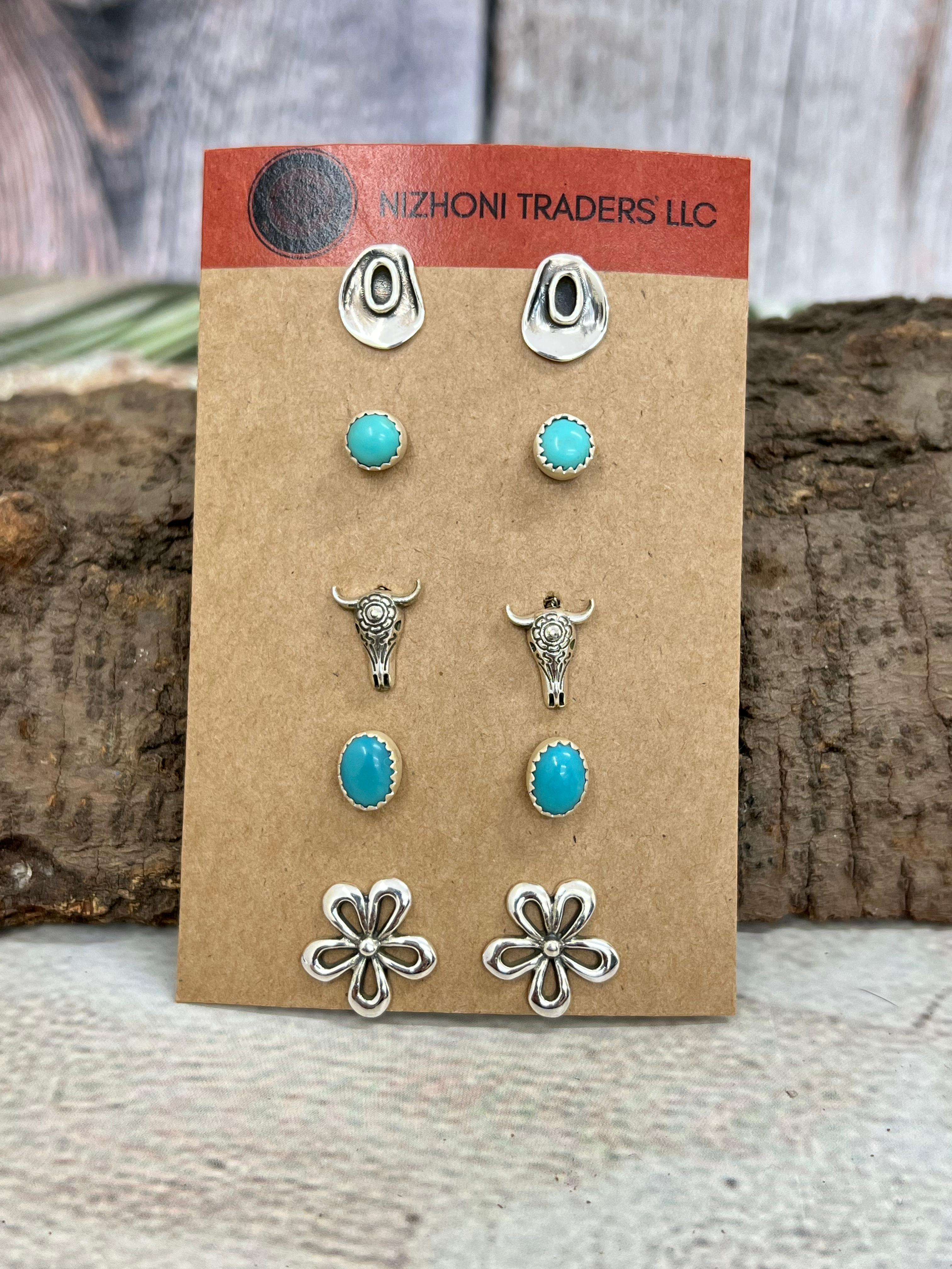 Handmade Sterling Silver with Rodeo Kingman Post Studs with Signed Nizhoni