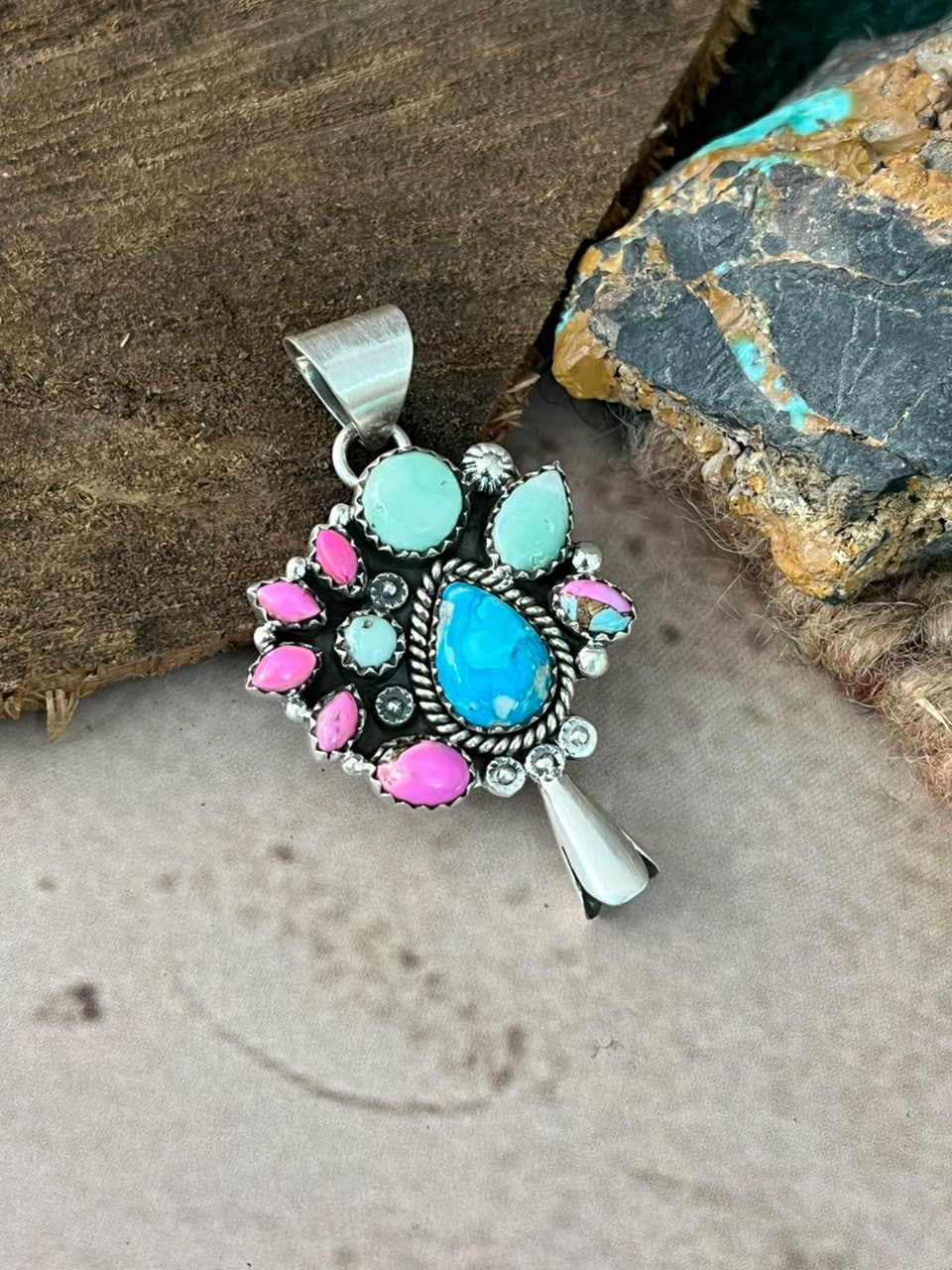 Handmade Sterling Silver Cotton Candy with White Water and Paloma Turquoise Squash Blossom Pendant Signed Nizhoni